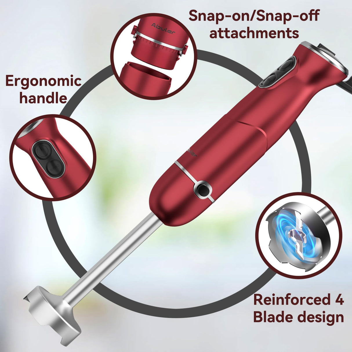 Immersion Blender 5 in 1 Hand Blender, Abuler 1000W Hand Mixer Stick,12 Speed Handheld Blender 304 Stainless Steel with 600ml Mixing Beaker, 500ml Chopper, Whisk and Milk Frother for Soup, Baby Food Abuler