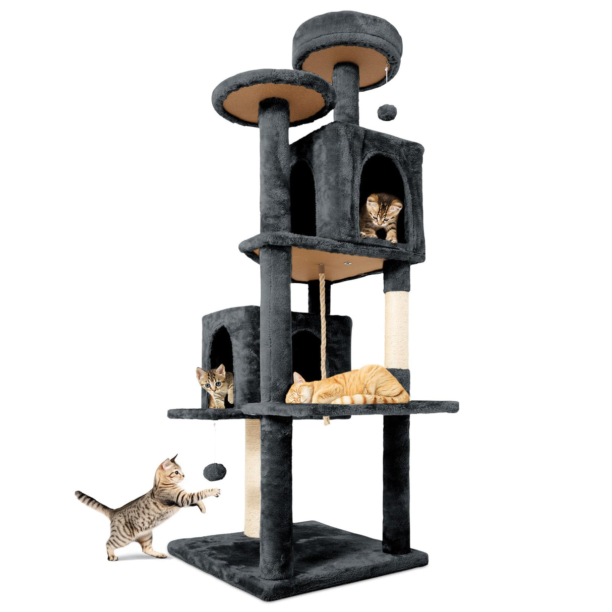TSCOMON 58.5inch Large Cat Tree Tower Condo for Indoor Cats, Soft Plush Multi-Level Climbing Tree Cat House with 1 360° Rotating Cat Cave, Scratching Post, More Entrance/Exit, Sisal Rope, Grey Black TSCOMON
