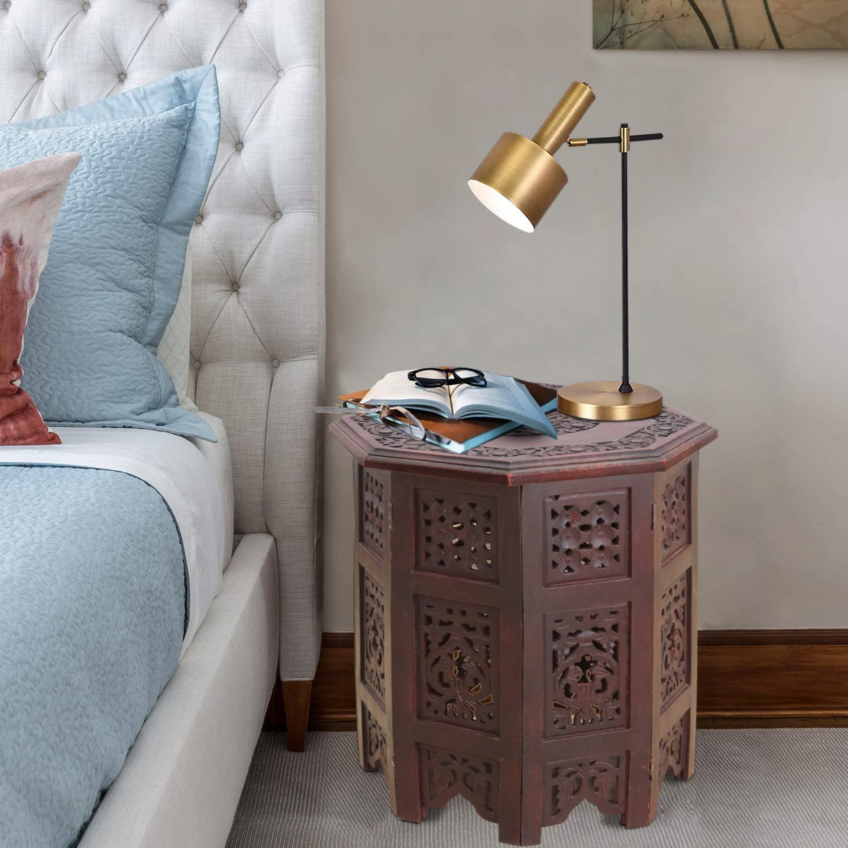 COTTON CRAFT Solid Wood Accent End Table - Hand Carved Vintage Boho Folding Side Table - Small Spaces Entryway Farmhouse Living Room Bedside - No COTTON CRAFT