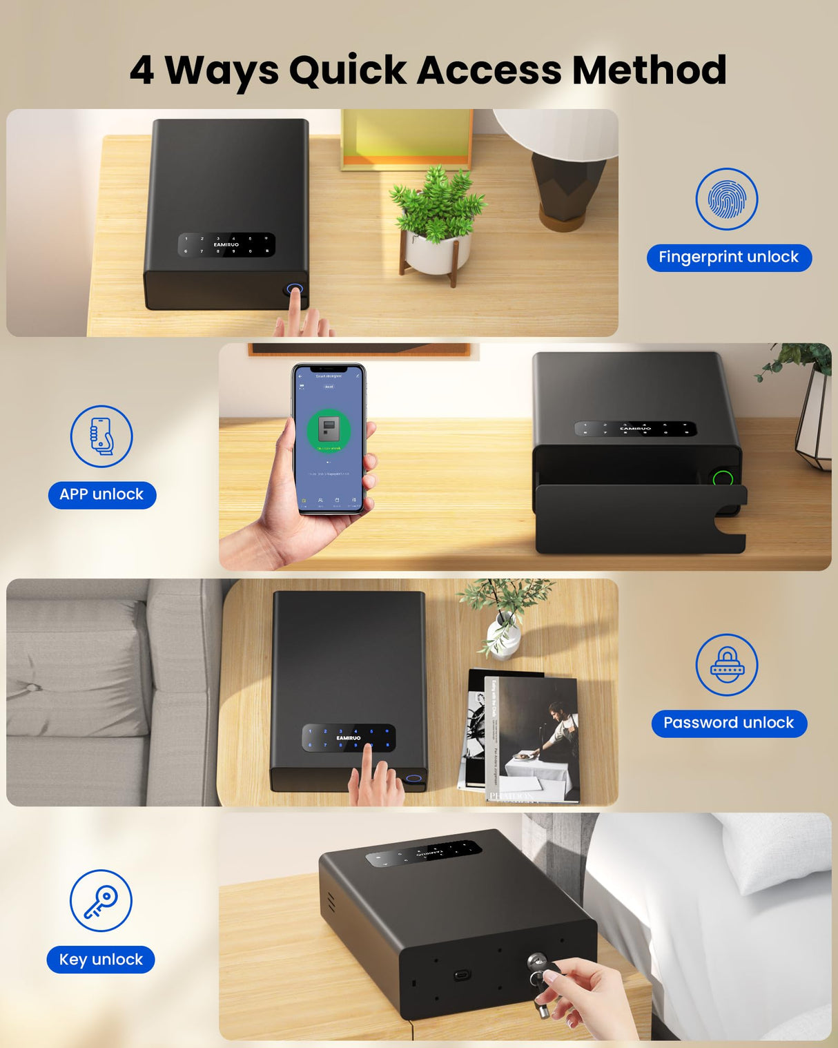 EAMIRUO Single Handgun Safe Unlock with Fingerprint/Keypad/Key/Application, 0.5s Quick Access Biometric Pistol Safe for Handgun, Small Drawer Gun Safe for Nightstand Bedside EAMIRUO