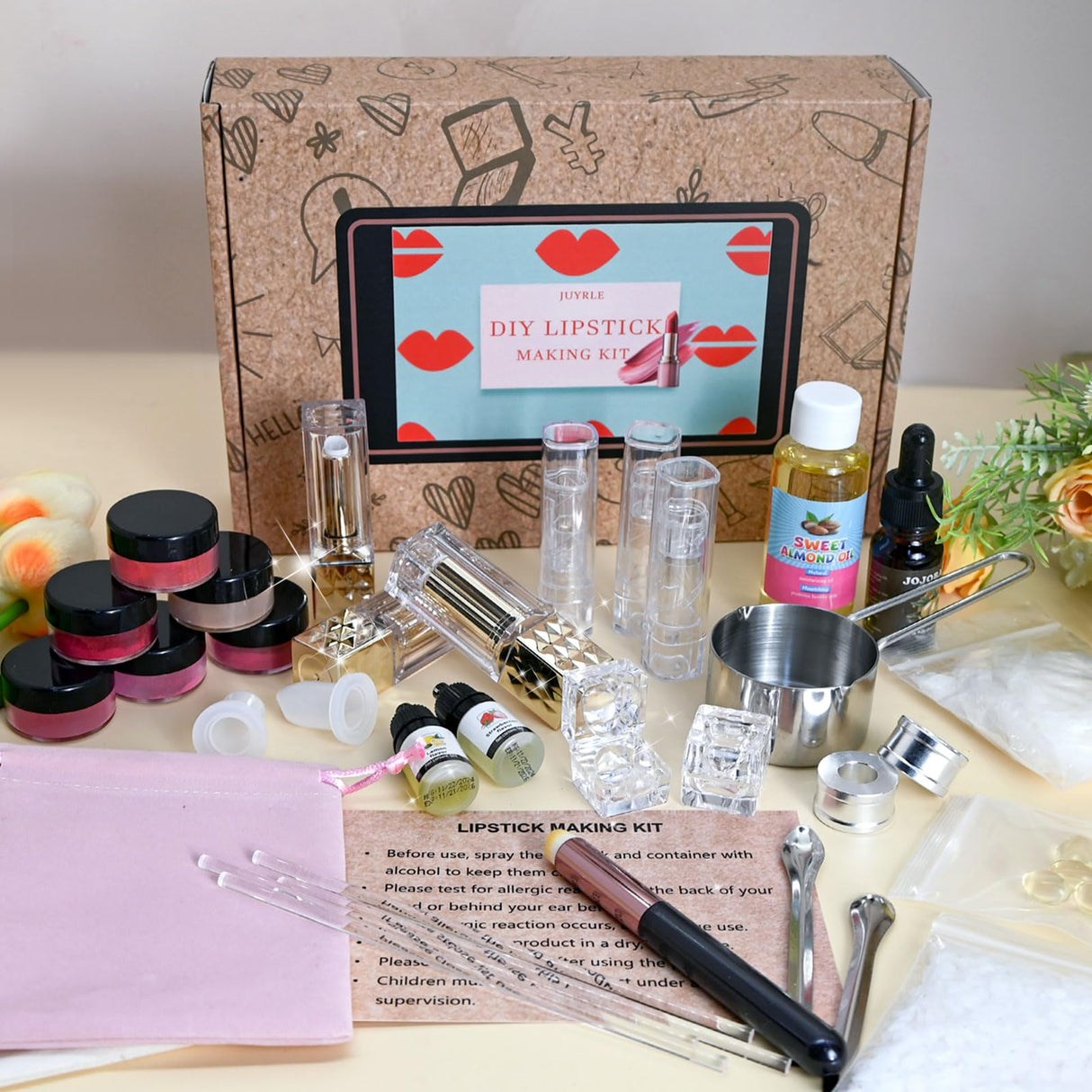 JUYRLE Lipstick Making Kit- 47Pcs DIY Matte Velvet Lipstick Set, Lip Gloss Kit, Make Your Own Lip Stain Kit with Beeswax Long-Lasting Quick-Drying Non-Stick Cup Lip Makeup Gift Kit for Women Beginner JUYRLE