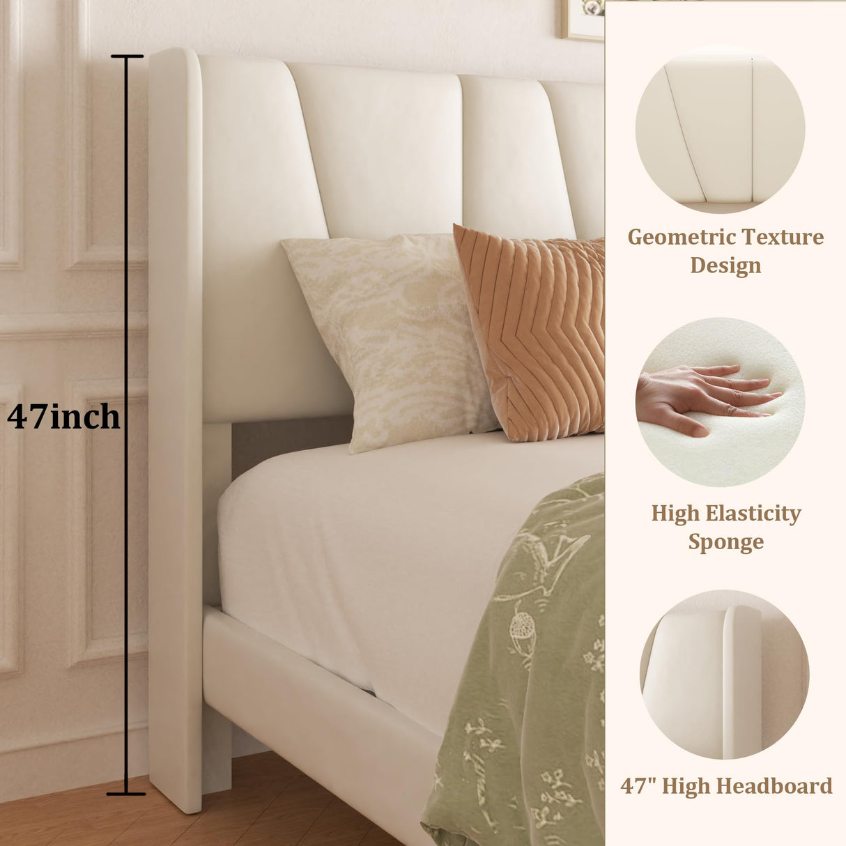 viplov King Bed Frame with Storage Drawers, Upholstered Platform Bed with Headboard and Wingboard, No Box Spring Needed, NO Noise, Easy Assembly, Wooden Support Slats, Beige viplov