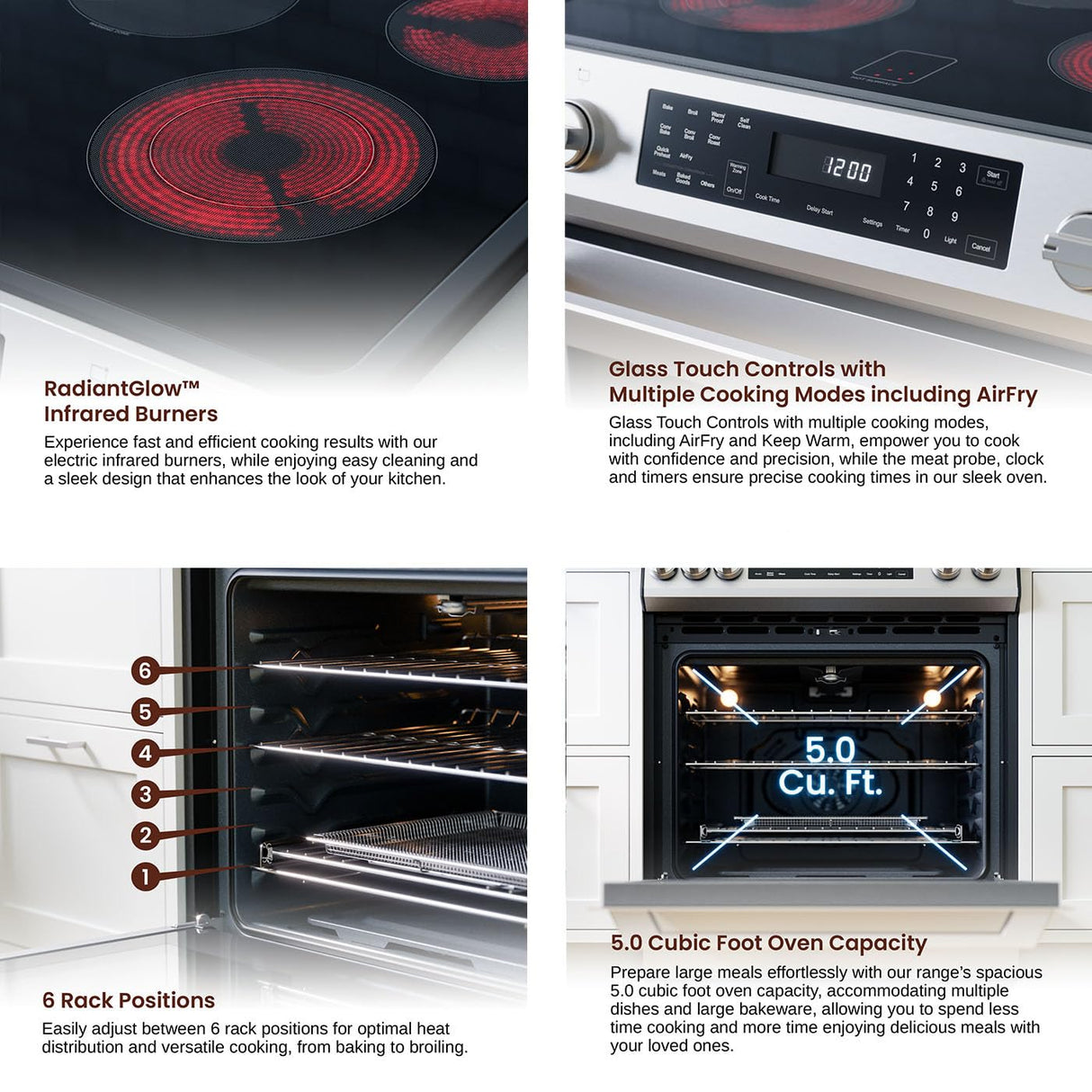 RANGAIRE RRE303GS 30" Electric Range, 5 Burners, 5.0 cu. Ft. Capacity, Freestanding Slide-in AirFry, True Convection Oven, Self Cleaning, Easy Reach Racks, Glass Touch, Stainless Steel Rangaire