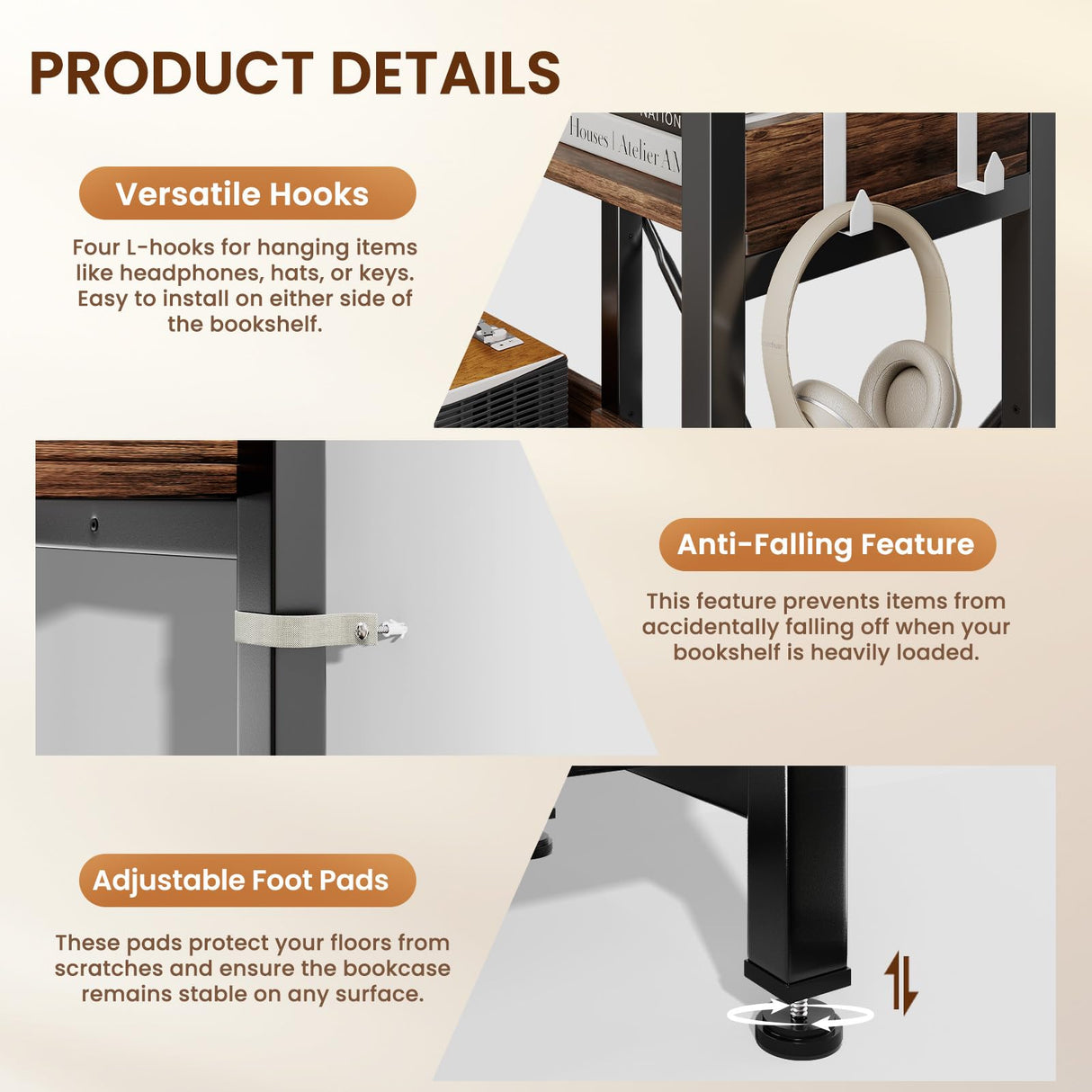 GRUSIGN 5-Tier Corner Bookshelf - Modern Tall Corner Bookcase with Sturdy Metal Frame, Large Storage L Shaped Bookshelf for Living Room/Home Office/Bedroom, Space-Saving Design, Rustic Brown GRUSIGN