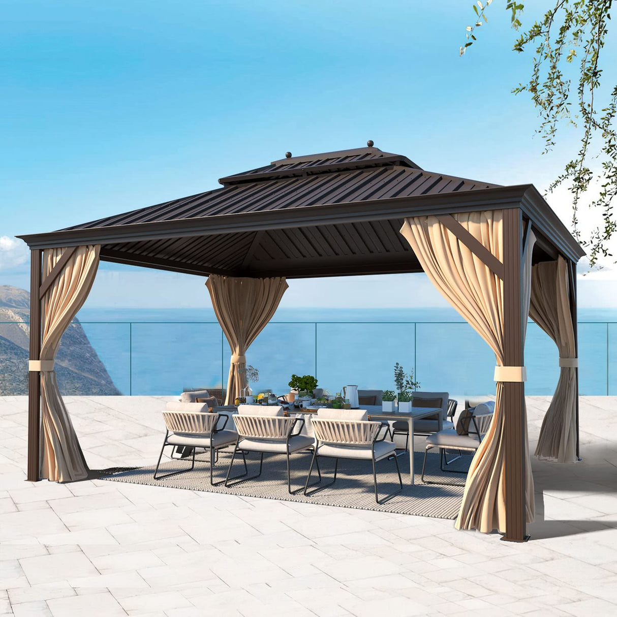 MELLCOM 10' x 12' Hardtop Gazebo, Brown Permanent Pavilion Gazebo with Curtains and Netting, Galvanized Steel Metal Double Roof Aluminum Gazebo with Aluminum Frame for Patio, Lawn & Garden MELLCOM