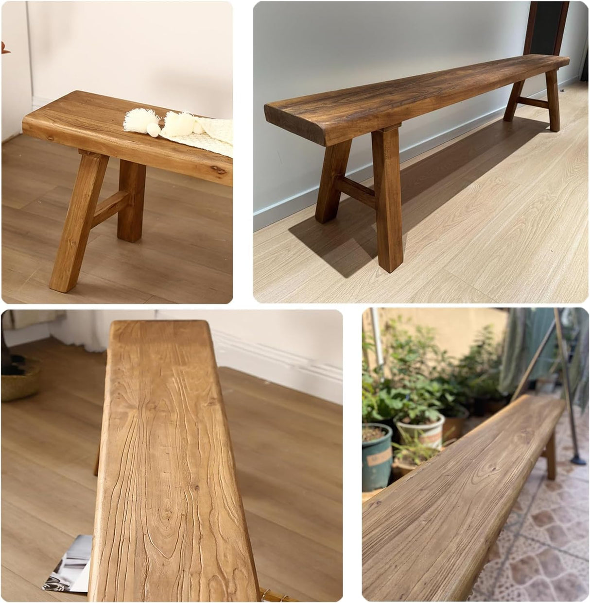 ConveniBee Farmhouse Indoor Wooden Living Room Dining Bench, Asian Natural Wood Kitchen Entryway Benc with Armless Design and Short Height, Solid Wood Shoe Bench Entryway Benches (39.3 * 10.2 * 17.7) ConveniBee