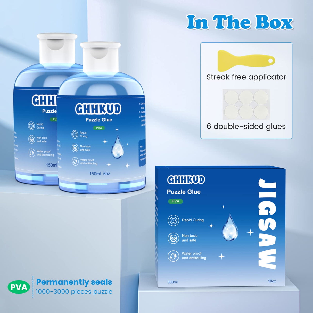 GHHKUD Jigsaw Puzzle Glue,300ML Puzzle Glue Clear with Applicator Brushes for Puzzle Paper Wood, Replace Puzzle Saver Sealer for Over Thousands Pieces of Puzzle Glue Sheets Accessories Tools (Blue) GHHKUD