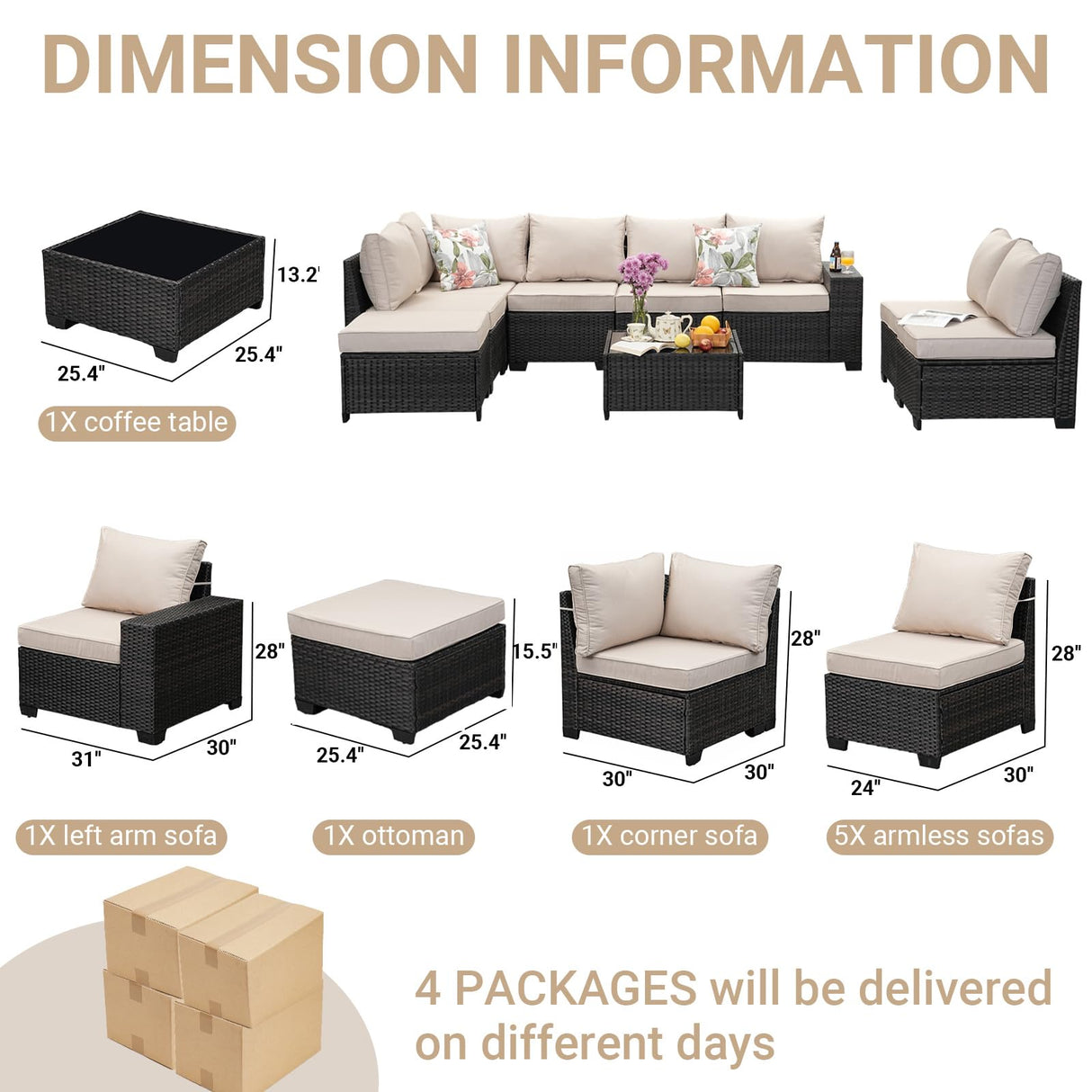 Jing's Villa 9-Piece Patio Furniture Set, All-Weather Outdoor Wicker Sectional Sofa with Cushions, Tempered Glass Table & Ottoman, Rattan Conversation Seating for Porch, Garden, Backyard,Beige Jing's Villa