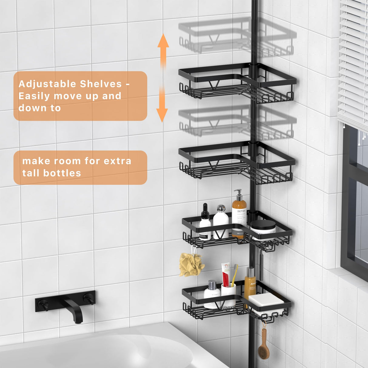 KEGII Corner Shower Caddy Tension Pole - Shower Tension Rod Organizer, Floor to Ceiling Shower Caddy 25-114.2 inch, Towel Rack Corner Waterproof, Black KEGII