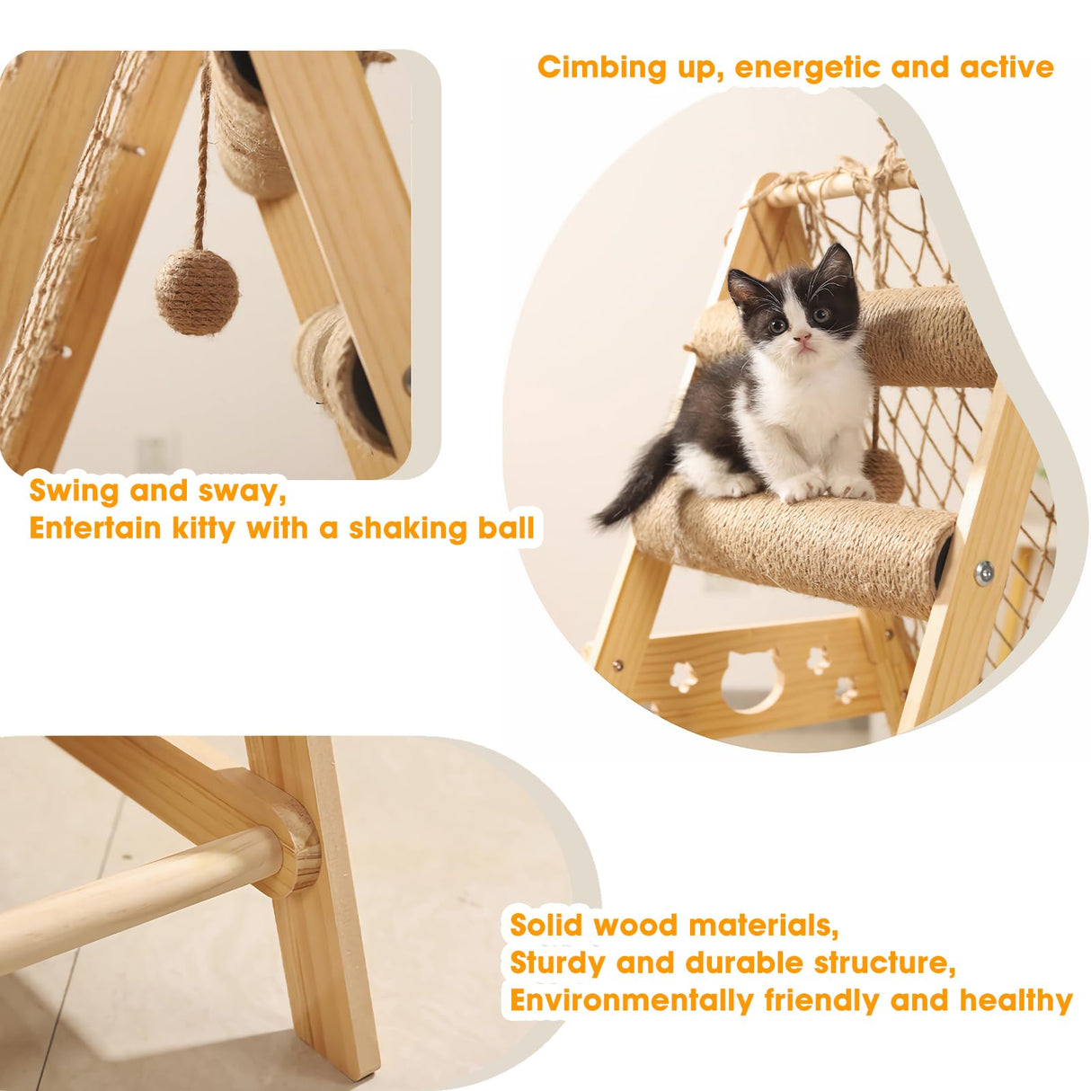 emopaw 34'' H Wooden Cat Tree, Triangle Design with Cat Hammock & Sisal Scratch Post & Feather Toys, Solid Wood Cat Tower for Kitten or Small Cat emopaw