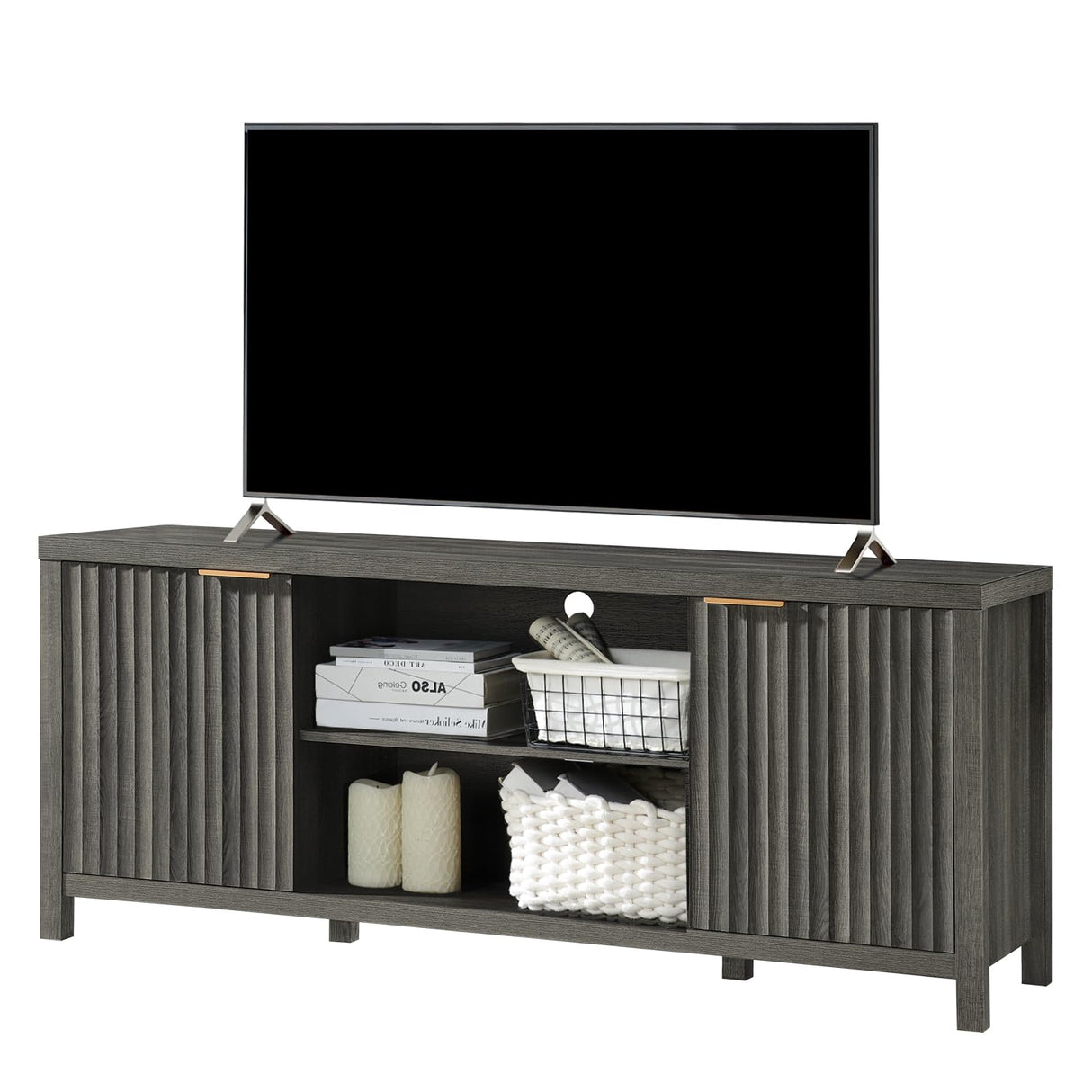 OAKHAM HOME Fluted TV Stands for Living Room, Heavy Duty Entertainment Center with Storage, Mid Century Modern Television Stands for 50/55/60/65 TV, Oxford Media TV Console (Medium,Midnight Oak) OAKHAM HOME