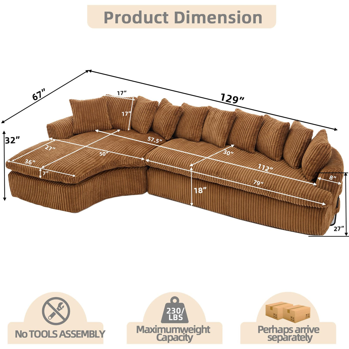 129'' Modern Sectional Sofa,4-5 Seater Upholstered Couches with 10 Cushions,High Density Sponges Cloud Couch, L-Shape Left Sofa,Corduroy Sponge Sofa for Living Room,No Assembly Required(Brown) Firscook