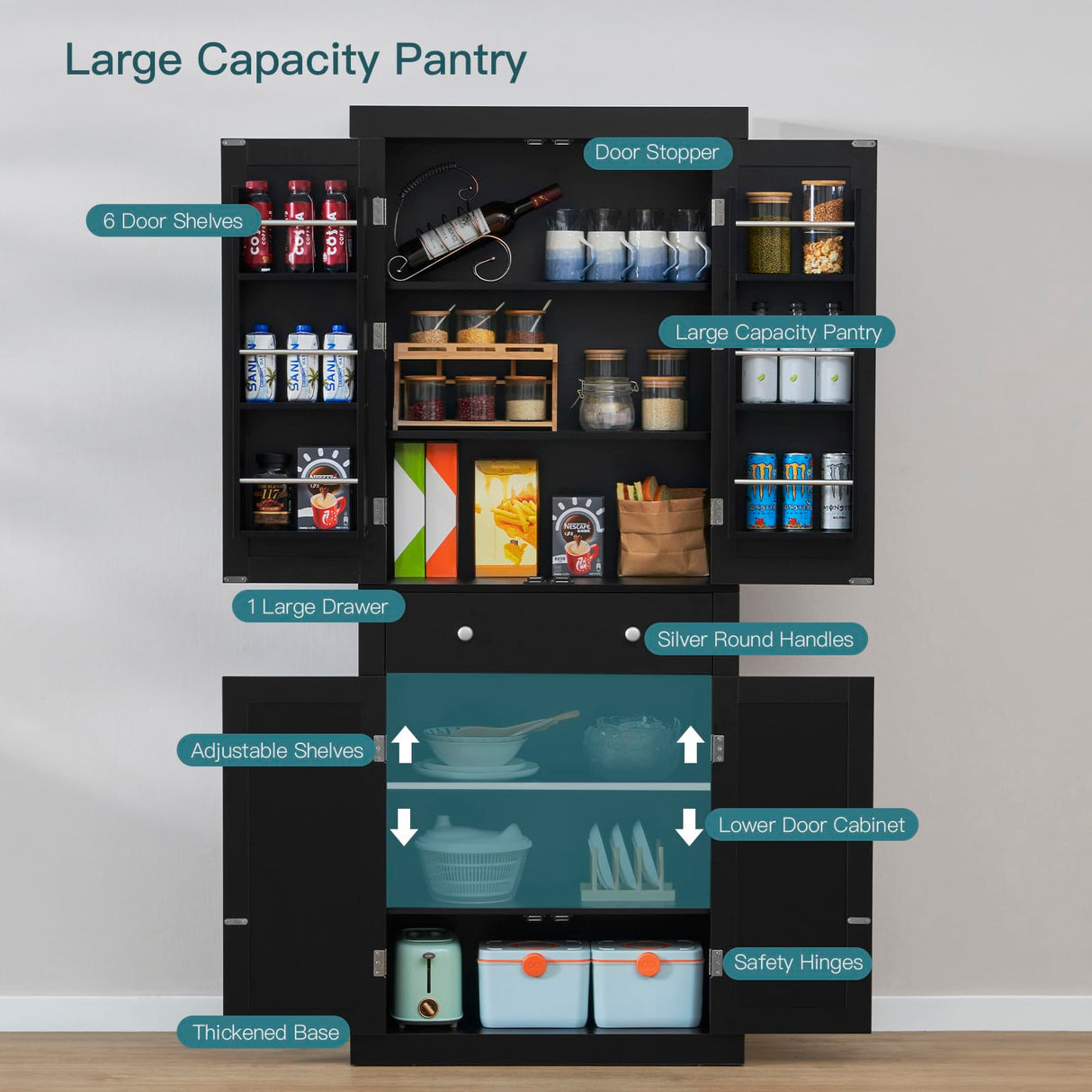 usikey 72” Kitchen Pantry Cabinet, Tall Storage Cabinet with 4 Doors and 1 Drawer, Freestanding Cupboard with 6 Hanging Shelves and Adjustable usikey
