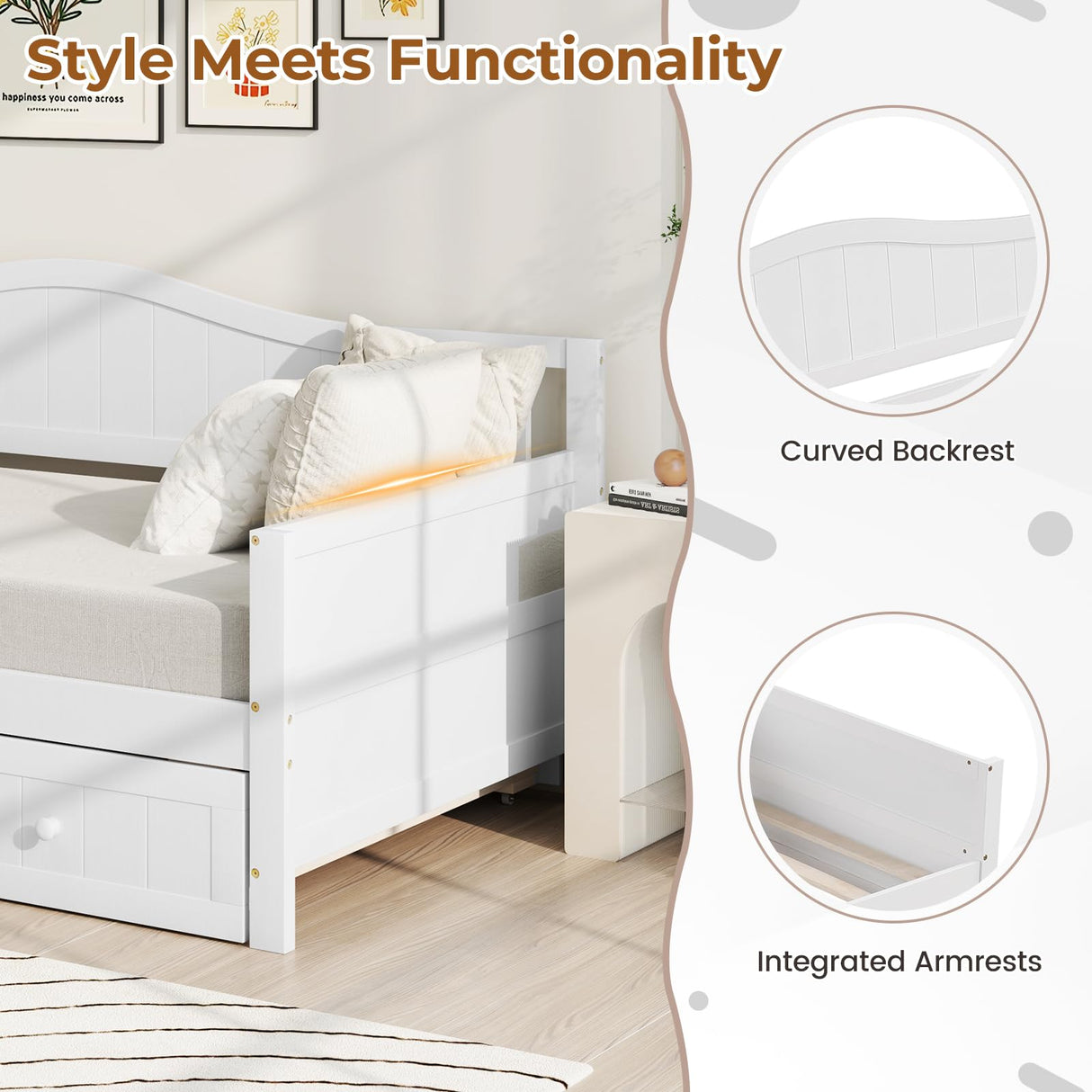 Giantex Twin Daybed with Trundle, Solid Wood Day Bed with Slats Support, Integrated Headboard & Armrests, Modern Trundle Bed Twin for Living Room, Bedroom, Guest Room, No Box Spring Needed (White) Giantex