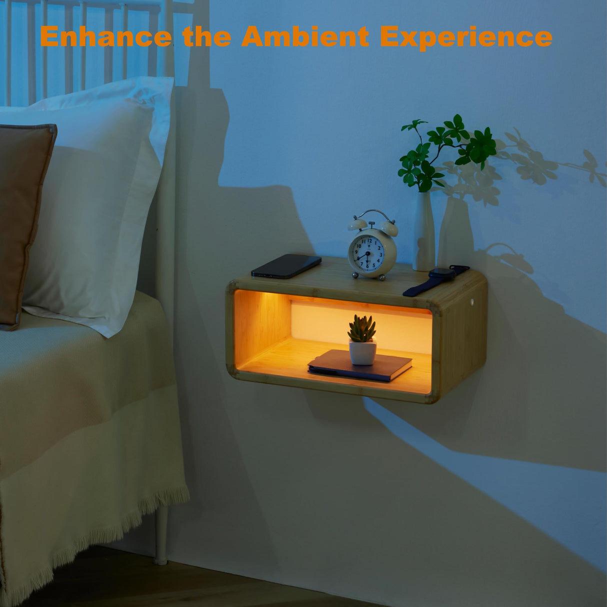 NAVREX LED Floating Nightstand, Farmhouse Night Stands, 100% Solid Wood Night Stands with Magnetic Storage, Modern Bed Side Table for Bedroom NAVREX