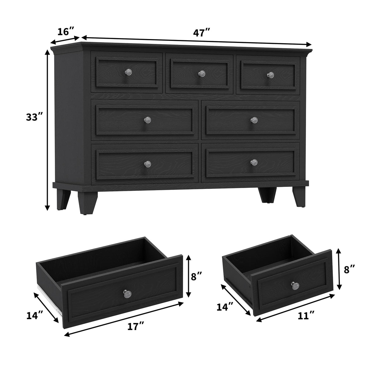 IDEALHOUSE 7 Drawer Dresser, Large Wooden Storage Chest of Drawers with Exquisite Metal Handles, 47" Wide Dresser TV Stand, Drawer Organizer for Bedroom, Living Room, Hallway, Entryway, Black IDEALHOUSE