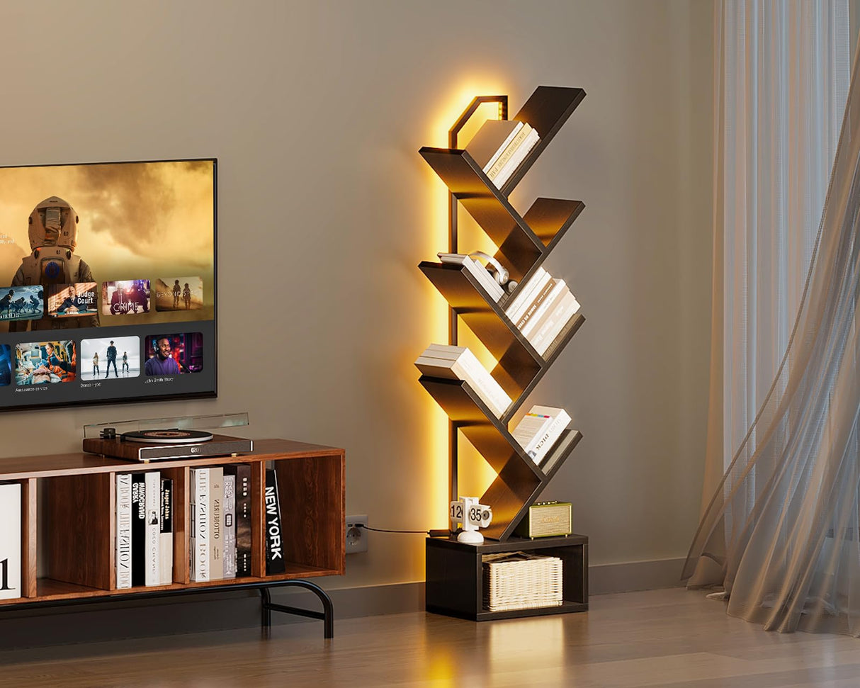 Casaottima Black Tree Bookshelf with LED Light Strip — 6-Tier Small Floor Standing Bookcase, Narrow Steel & Wood Book Organizer Shelf with Cabinet, Home Decor for Living Room/Bedroom/Home Office Casaottima