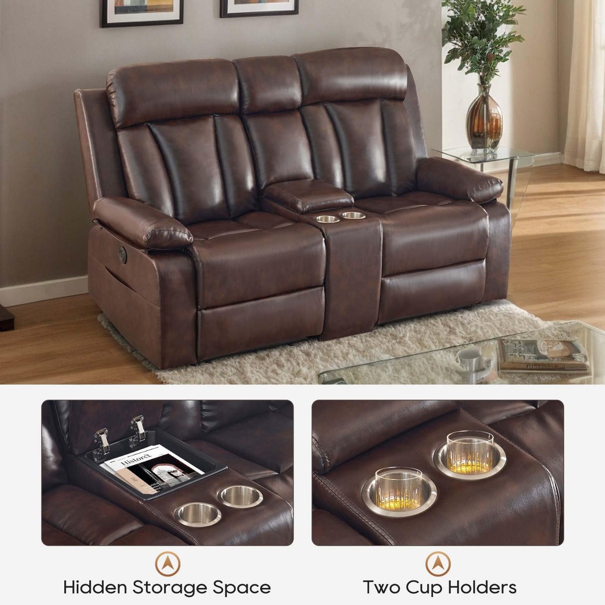 Consofa Power Reclining Loveseat with Console, Reclining Loveseat with Heat and Massage, Power Loveseat Recliner Sofa with Dual Ports, Cup Holders for Living Room, RV Sofa Consofa