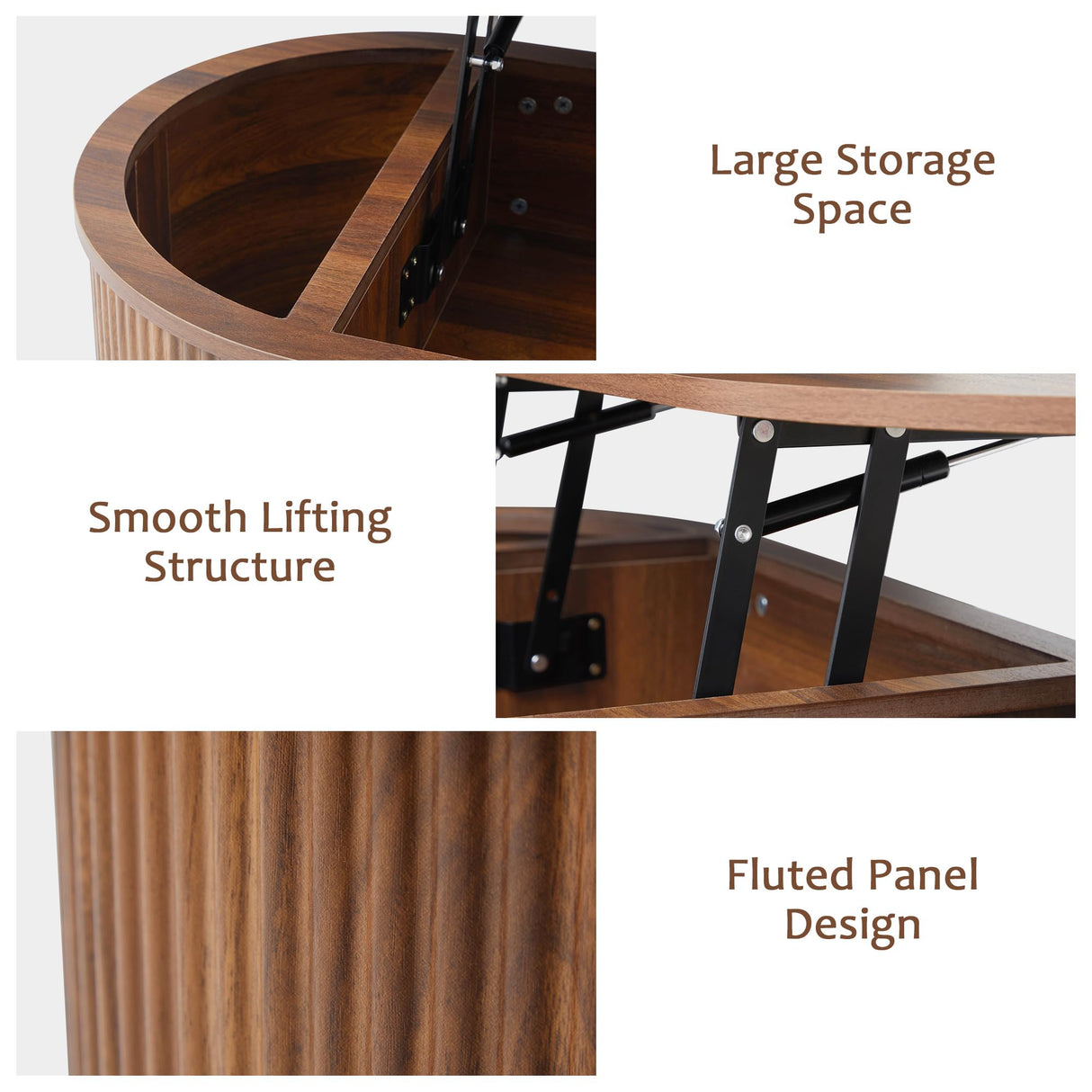 QHITTY Fluted Coffee Table with Lifting Top, Oval Wood Lift Top Coffee Table with Hidden Compartment, Mid Century Pull up Center Tables for Living Room, Office - Walnut QHITTY