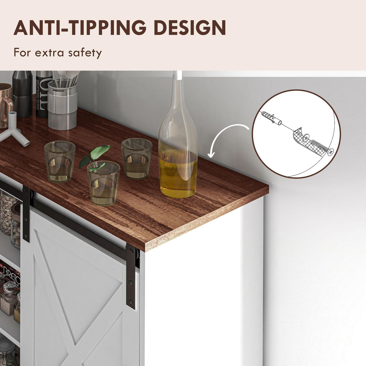 HOMCOM Farmhouse Coffee Bar Cabinet, 33" Buffet Sideboard with Sliding Barn Door and Adjustable Shelf, Kitchen Buffet Cabinet, White HOMCOM