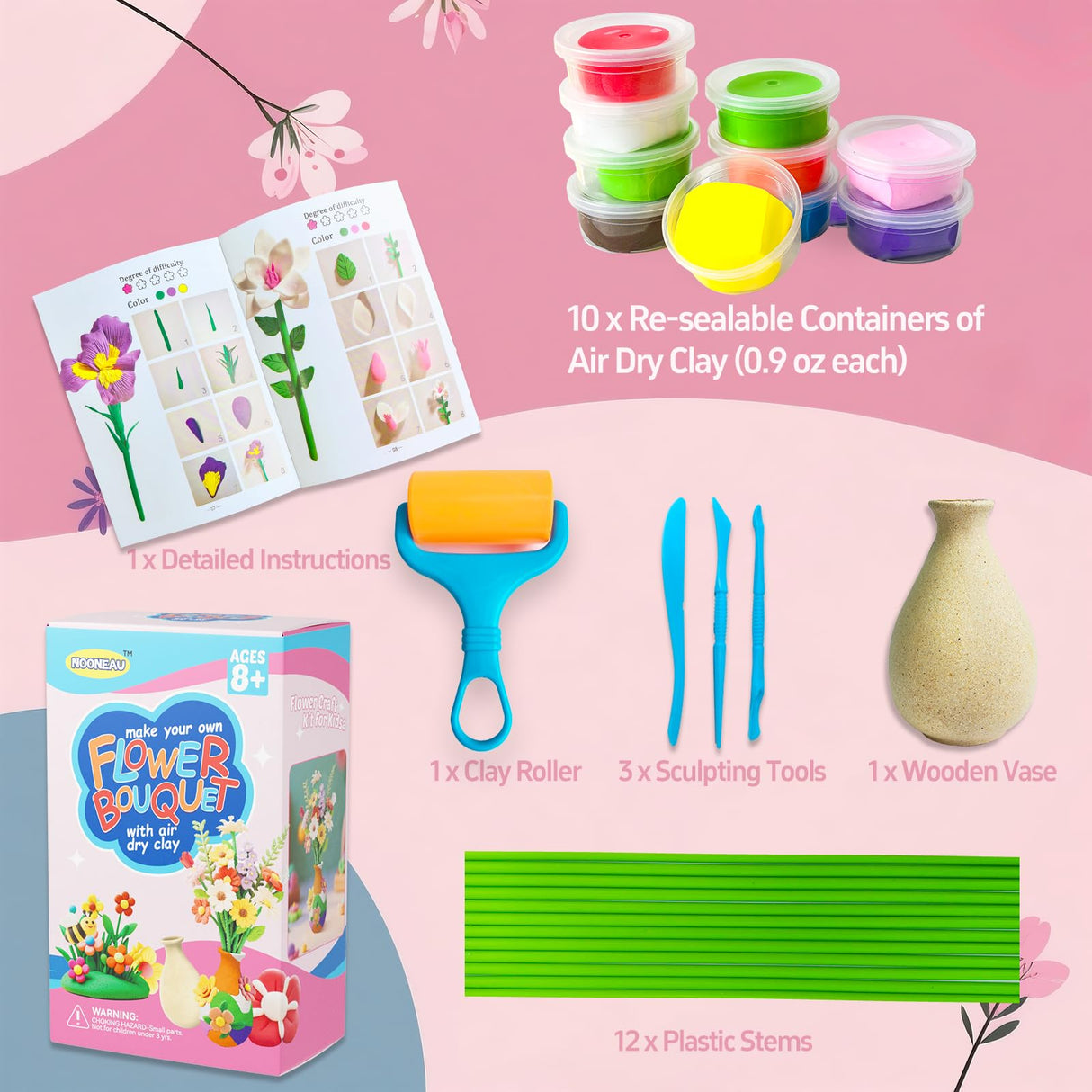 Clay Flower Craft Kit for Kids - Make Your Own DIY Air Dry Bouquet Making Set, Arrange & Create Personalized Art, Perfect Arts & Crafts Gift for Kids, Non-Toxic Modeling Clay with Tools & Guide NOONEAU
