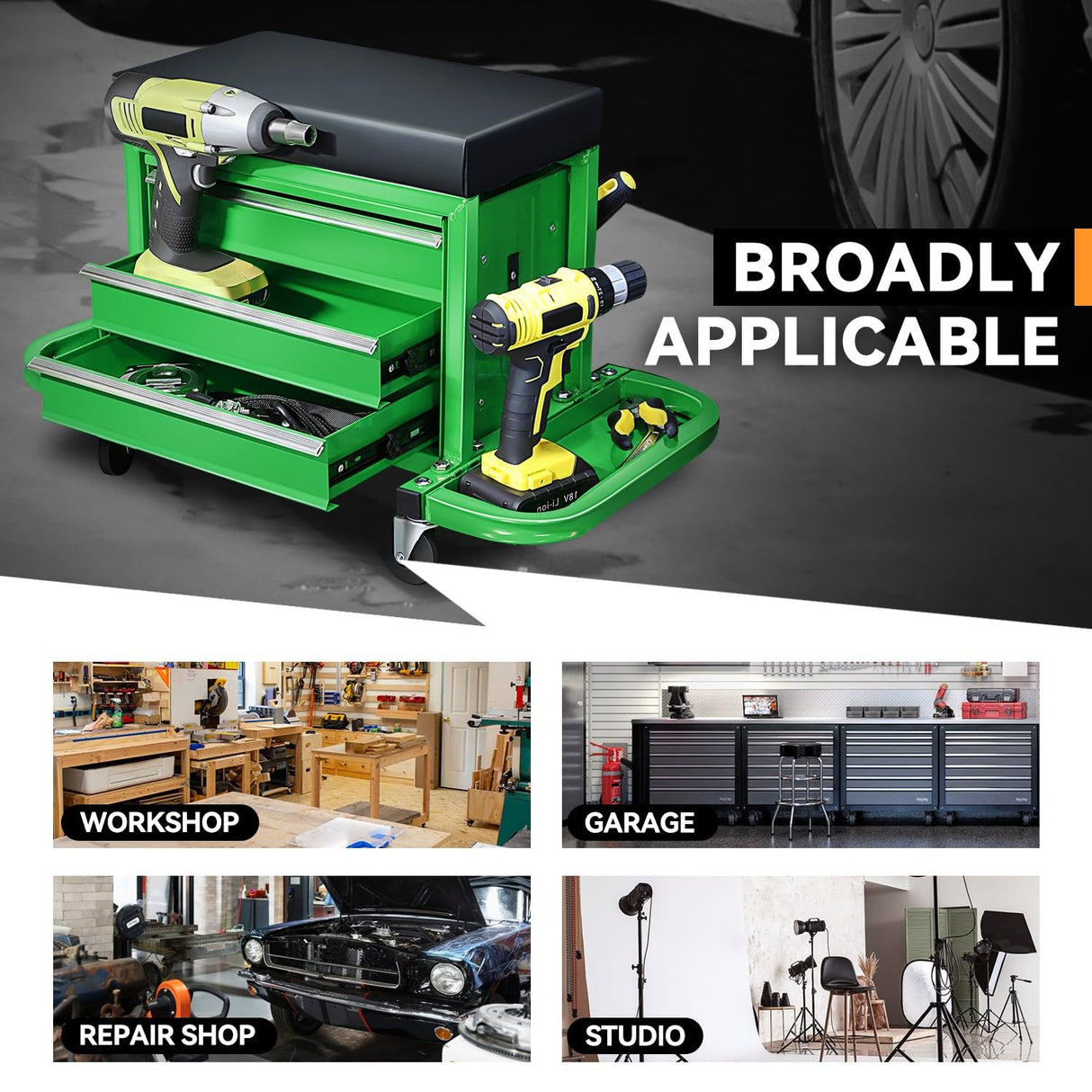 Auto Dynasty 3-Drawer Mechanic Rolling Seat, 350 LBS Capacity Roller Garage Shop Seat with Storage Tool Tray for Workshop, Repair Shop, Warehouse, Green Auto Dynasty