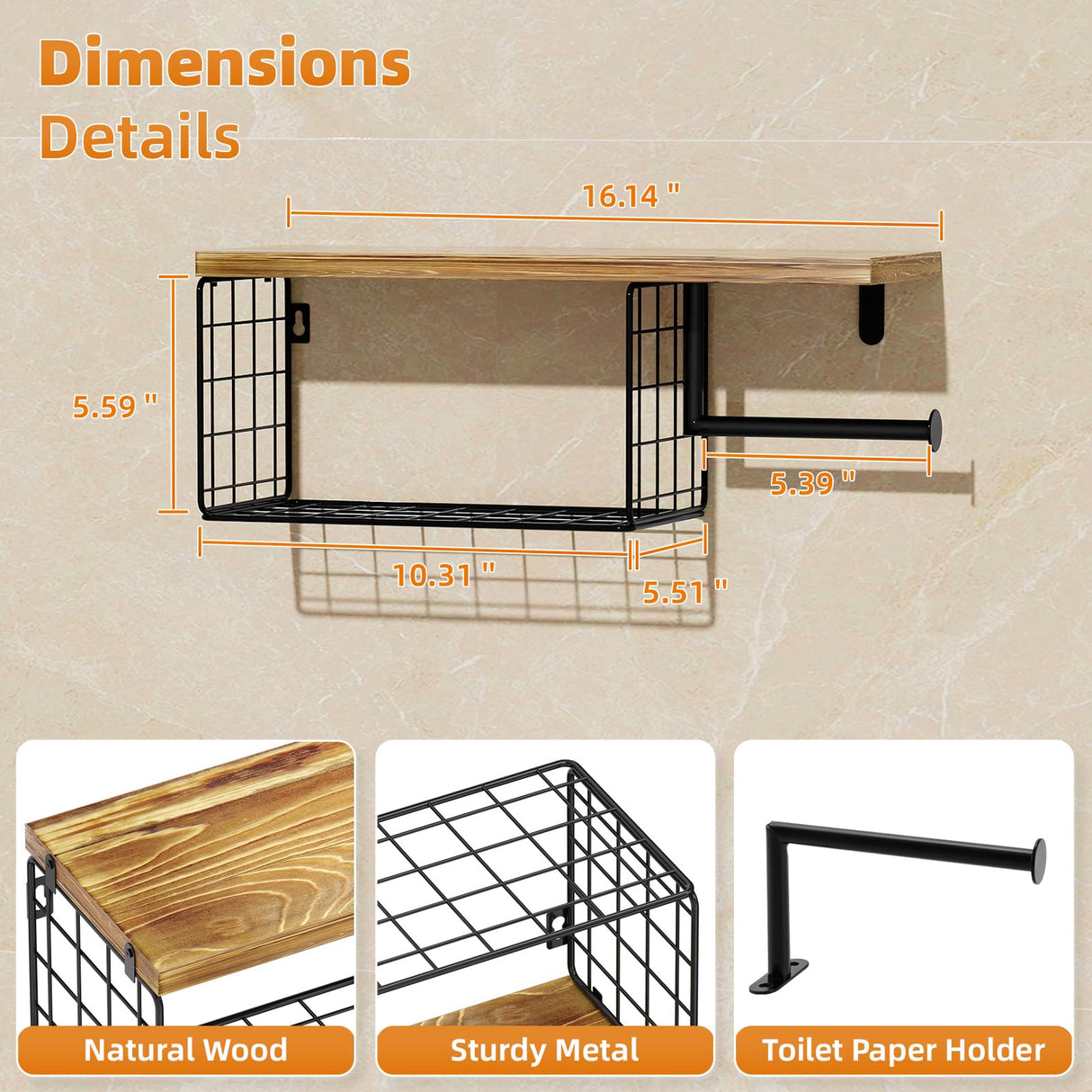 VITVITI Toilet Paper Holder with Shelf, Wall Mounted Toilet Paper Storage Basket, Wood Metal Toilet Roll and Wipes Holder for Bathroom Farmhouse (Brown) VITVITI