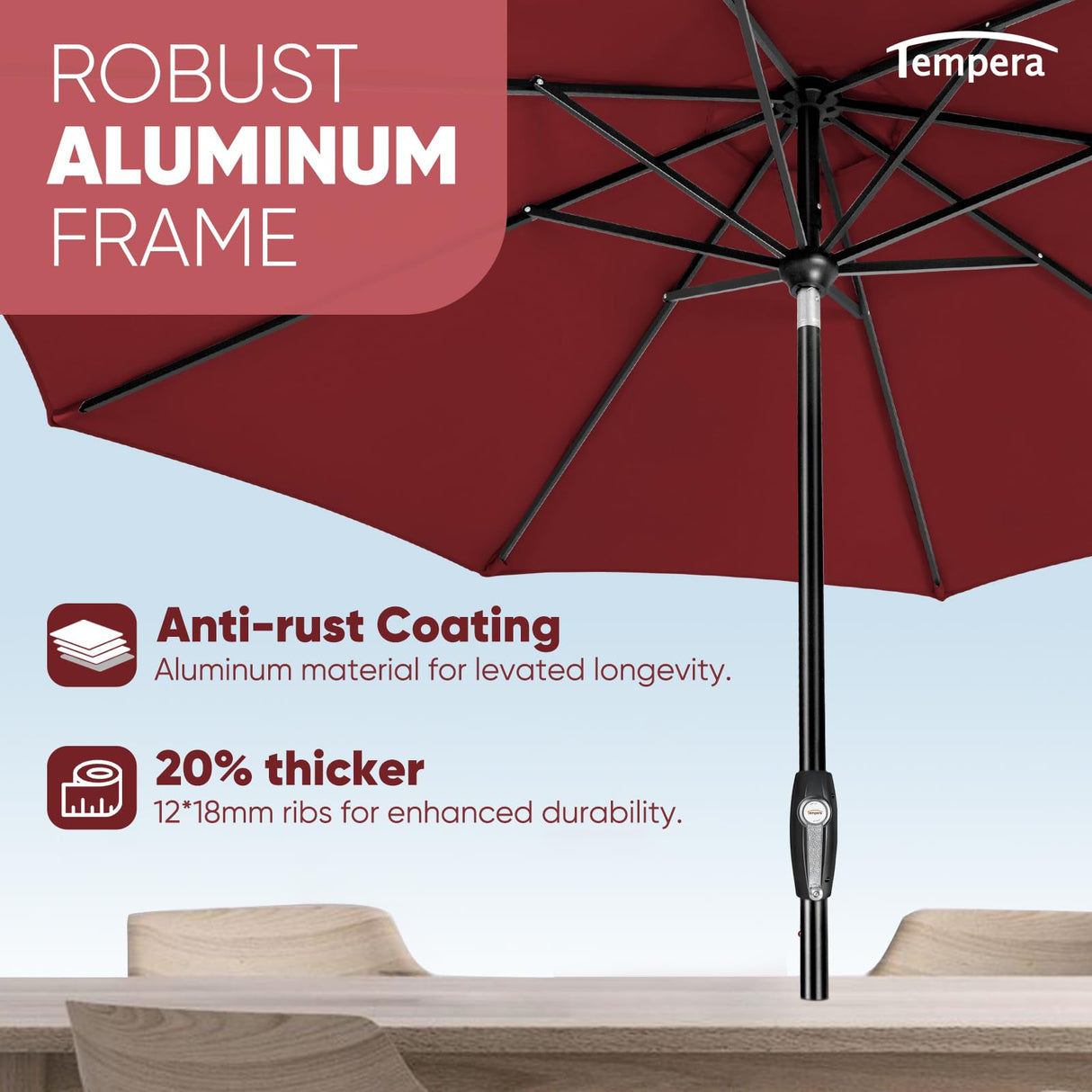 Tempera 10ft Patio Market Outdoor Table Umbrella with Auto Tilt and Crank,Large Sun Umbrella with Sturdy Pole&Fade resistant canopy,Easy to set,Chili Tempera