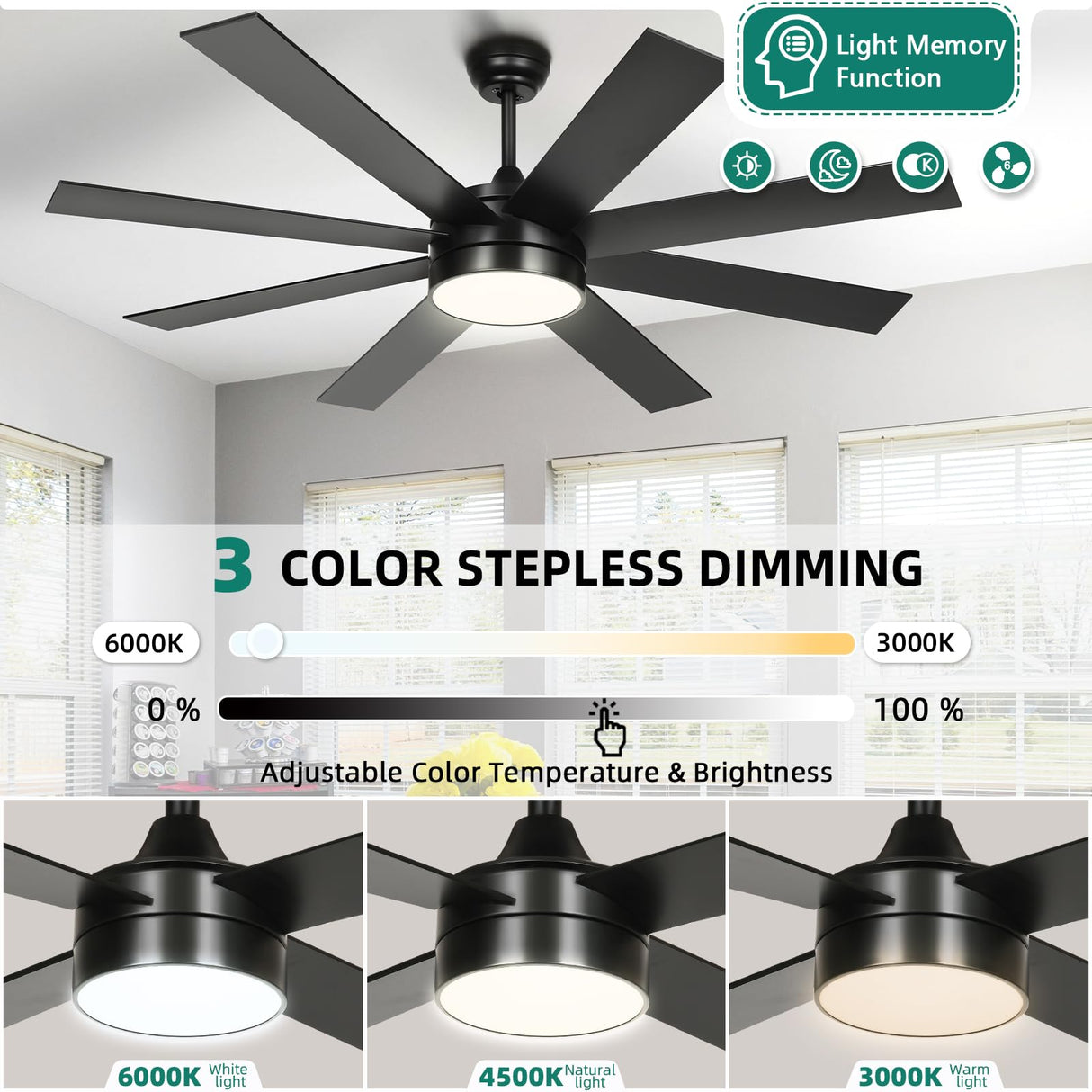 YITAHOME 60 Inch Black Ceiling Fan with Lights and Remote,8 Blades,App Control, Modern Smart Ceiling Fan Compatible with Alexa for Indoor, Reversible Quiet Motor, Memory Function YITAHOME
