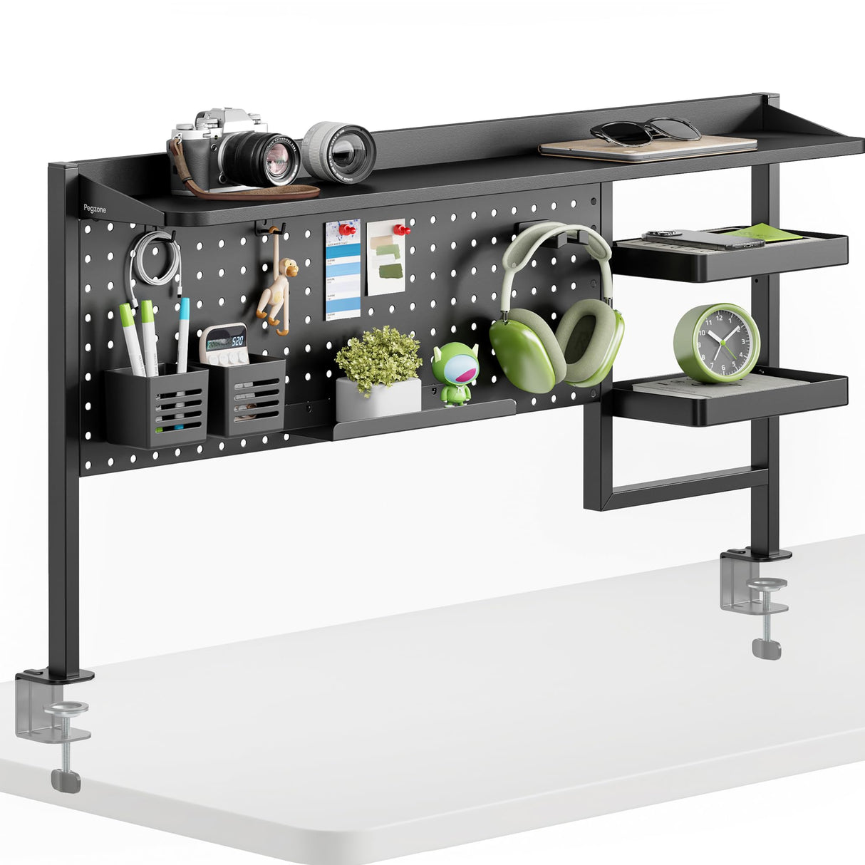 PEGZONE Clamp on Desk Shelf, 44" Desktop Shelving System with Pegboard and Accessories, Desktop Organizer with 2-Tier Shelf, Desk Pegboard for Office Home Gaming, Black PEGZONE
