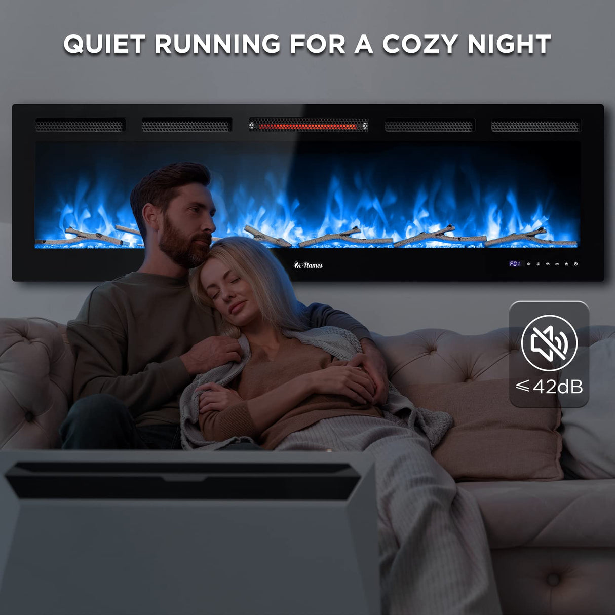 TURBRO 60” Smart WiFi Infrared Electric Fireplace with Sound Crackling and Realistic Flame, 1500W Quartz Heater, Recessed or Wall Mounted, Adjustable Flame Effects, Remote Control and App, in Flames TURBRO