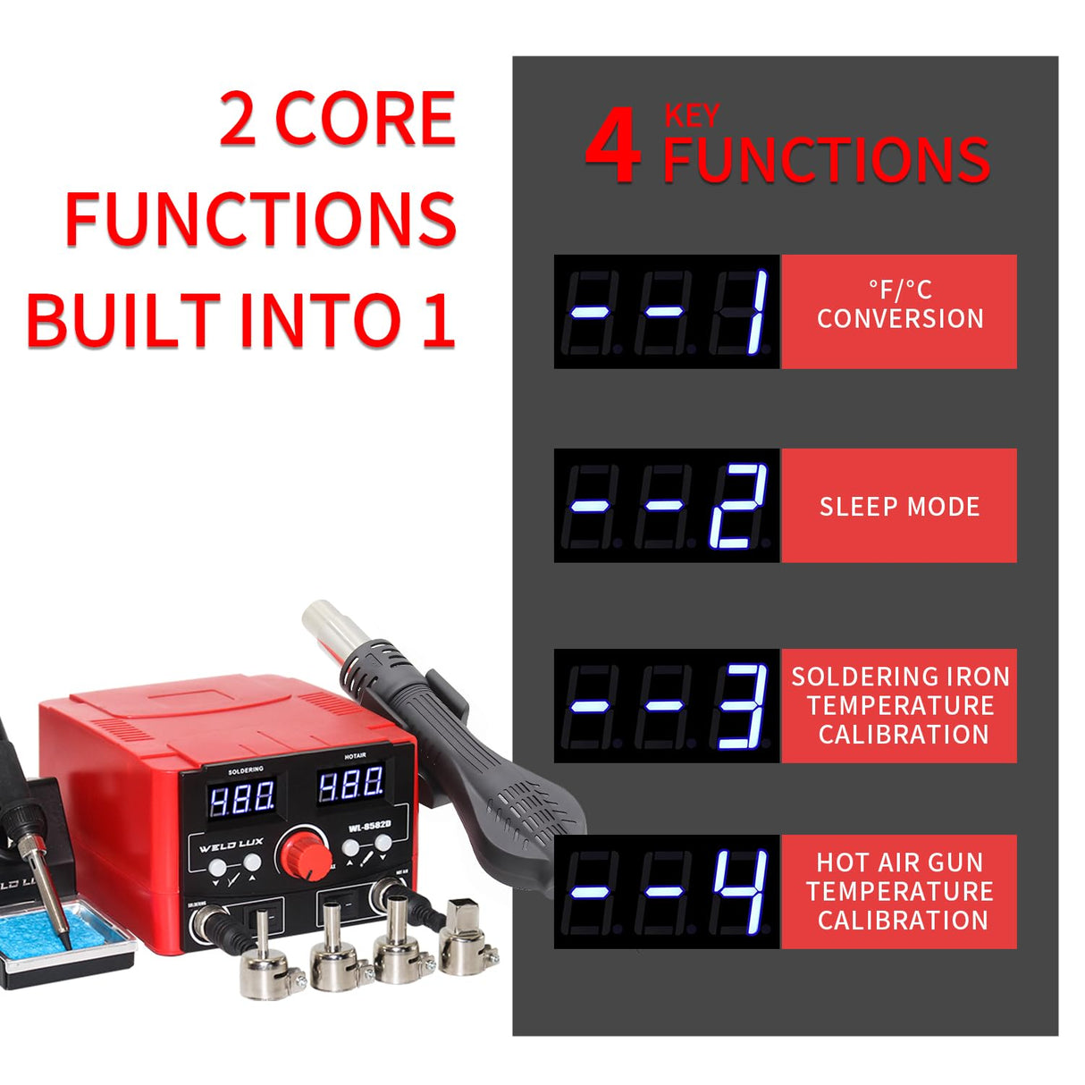 Weld Lux Upgraded 820W 2 IN 1 Hot Air Rework and Soldering Iron Station with °F /°C, Cool/Hot Air Conversion, Digital Temperature Correction and Sleep Function Weld Lux