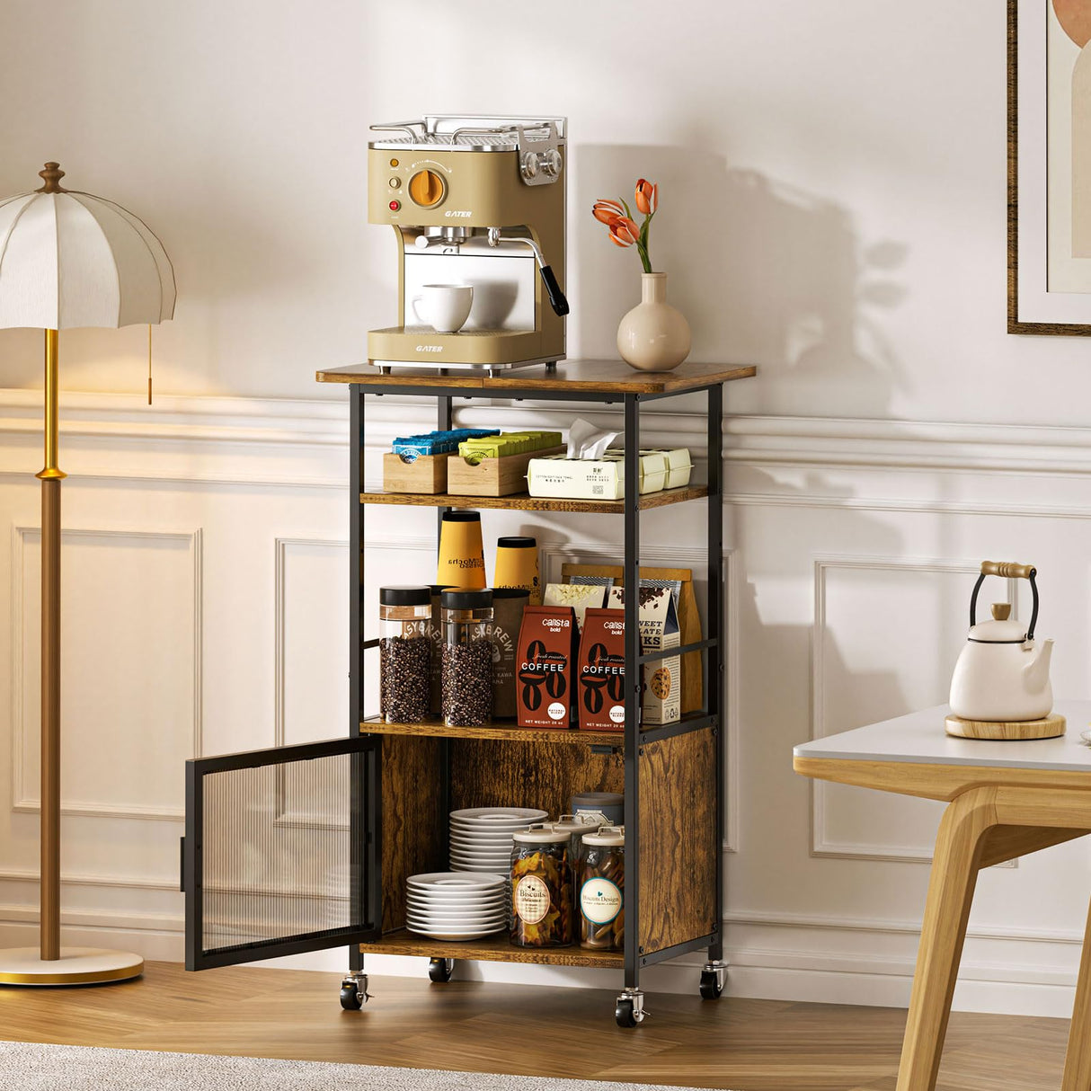 Bliesosfud Kitchen Microwave Cart with Single Door Cabinet,4 Tier Rolling Microwave Stand with Storage,Small Kitchen Island with Adjustable Shelf, Kitchen Coffee Cart Rack for Living Dining Room Bliesosfud