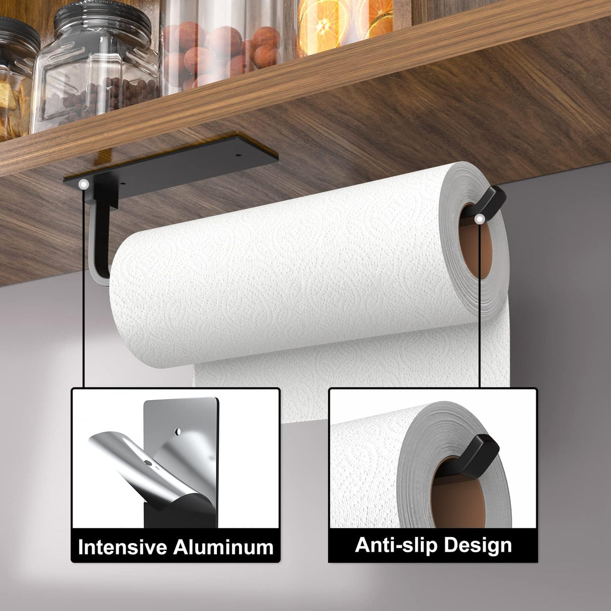 Paper Towel Holder - Self-Adhesive or Drilling, Matte Black, Upgraded Aluminum Kitchen Roll Dispenser Under Cabinet, Lighter but Stronger Than Stainless Steel! niffgaff