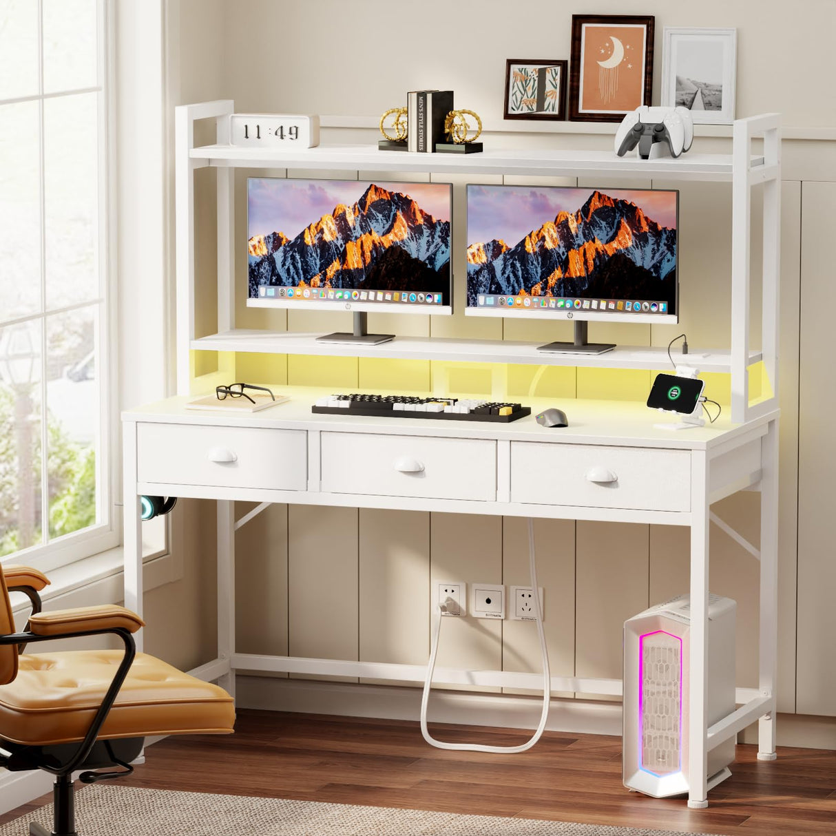 Furologee Computer Desk with 3 Drawers, 47 Inch Home Office Desks with Power Outlet and LED Light, Gaming Desk with Monitor Stand and Hutch, Modern Work/Writing/Study Table for Bedroom, White Furologee