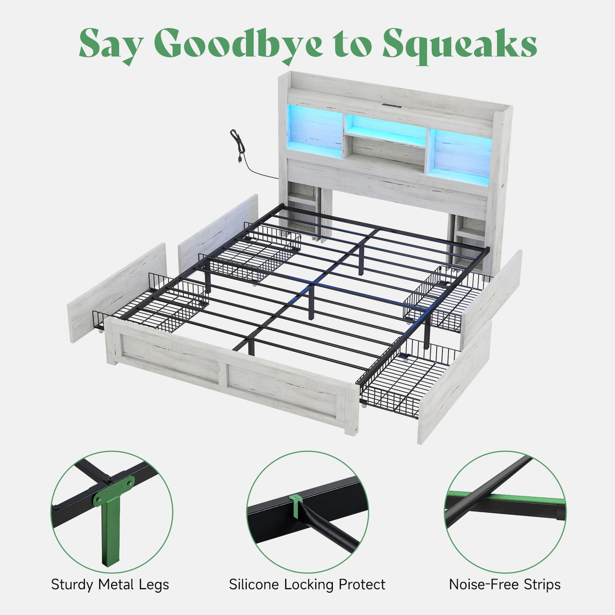 AMERLIFE Queen Bed Frame with 4 Storage Drawer, LED Bed Frame with 49.6" Tall Bookcase Headboard, Wood Platform Bed with Charging Station & 2 Slide Bedside Shelf, No Box Spring Needed/Distressed White AMERLIFE