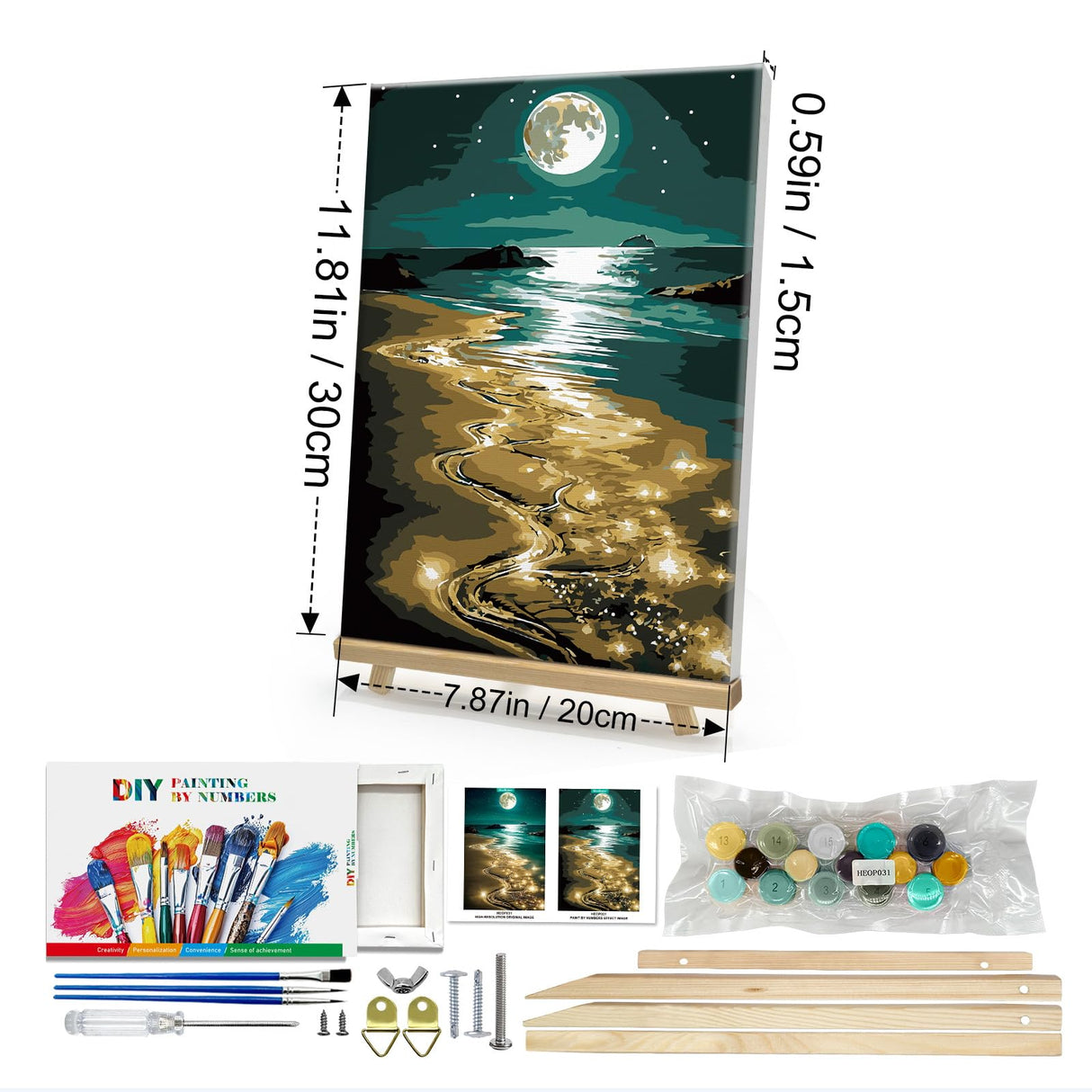 HeeBenor Framed Paint by Numbers Kit for Adults, Moon Paint by Number with Easel, DIY Beach Moon Landscape Oil Painting Kit, Adult Paint by Number Kits Framed Canvas for Home Decor 8x12 Inch HeeBenor