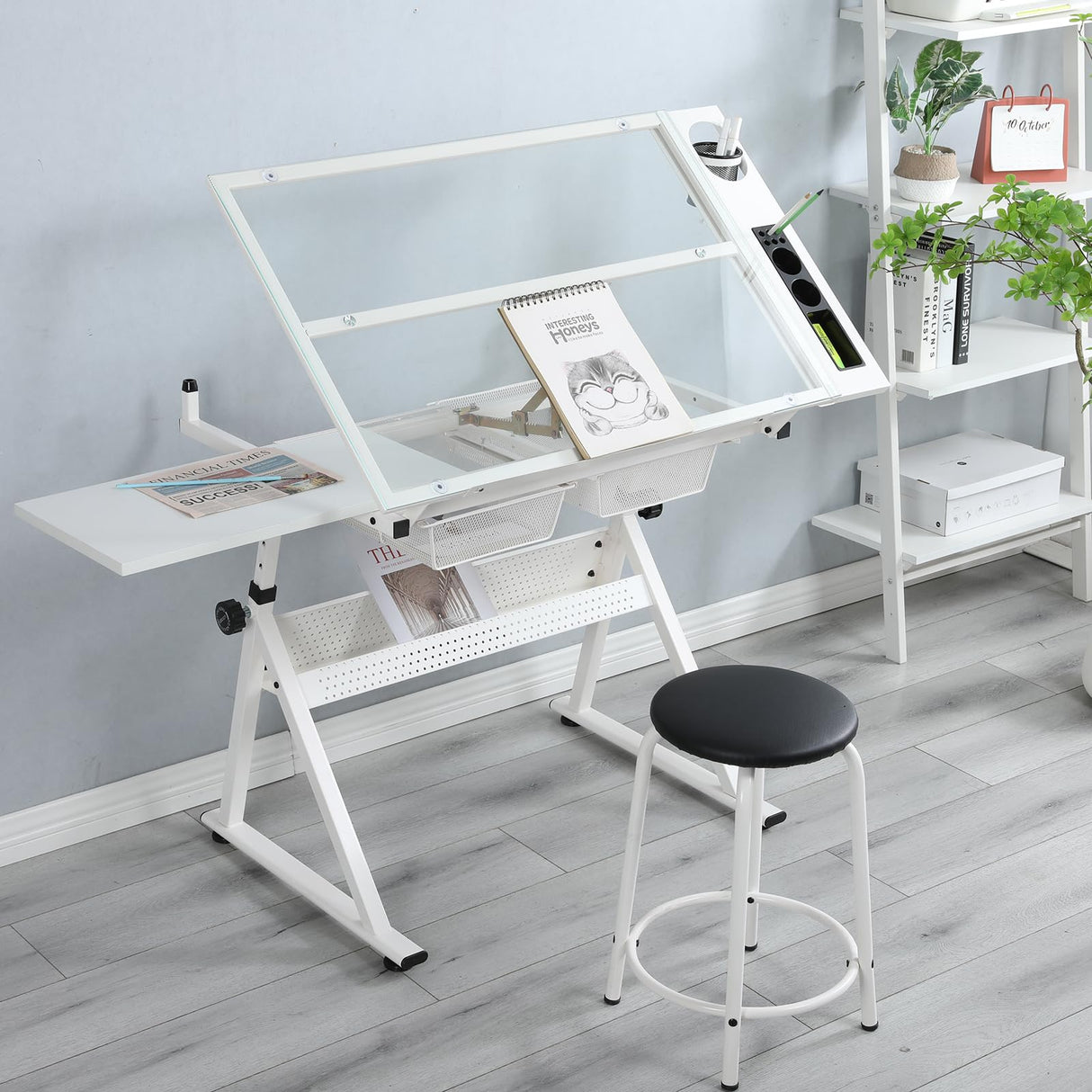 Gaderth Drafting Table w/Stool, Height Adjustable Drawing Table, Multifunctional Art Craft Paintings Work Station w/2 Storage Drawers Artists Desk Tilting Glass Tabletop for Home Office, White Gaderth