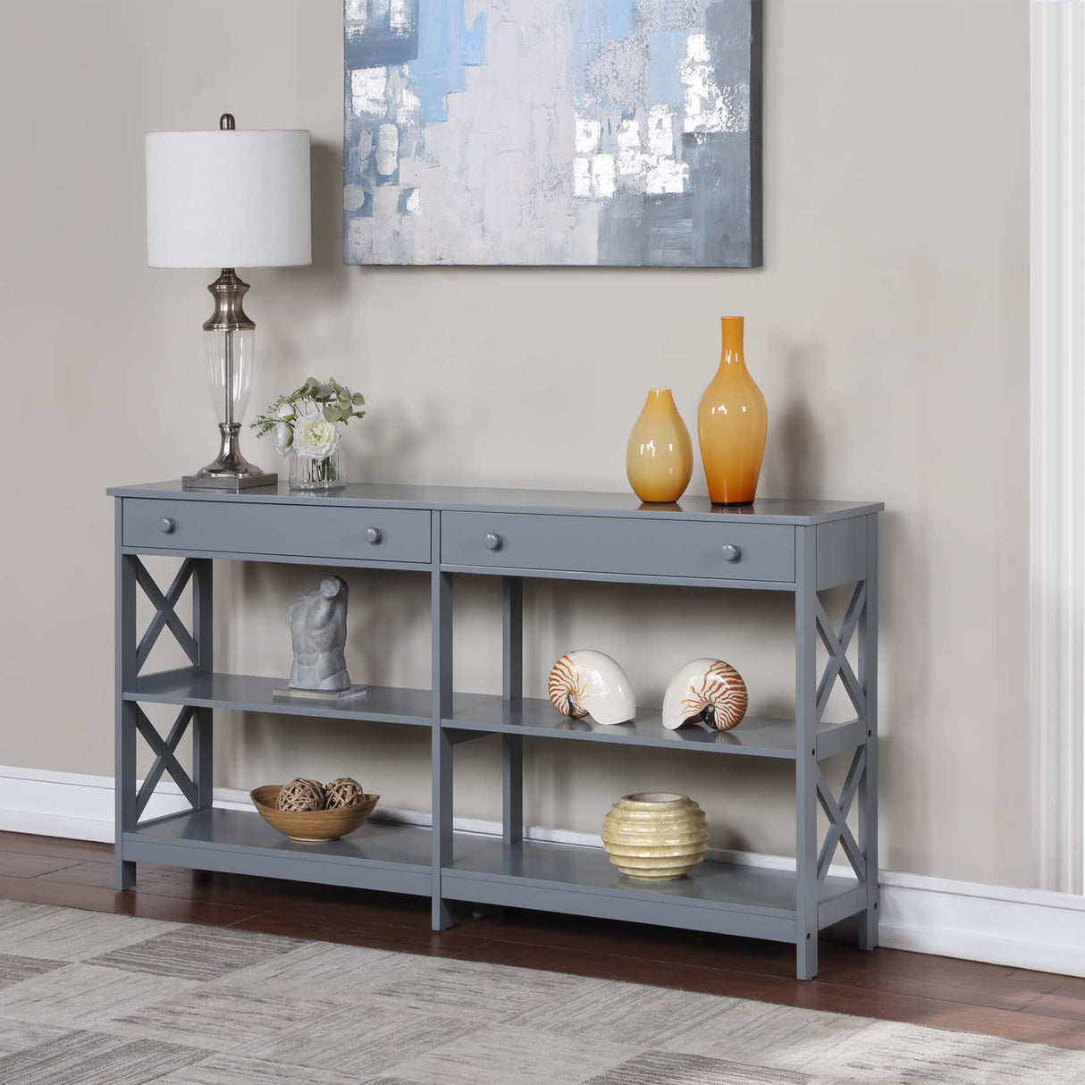 Convenience Concepts Oxford 2-Drawer Console Table with Shelves, 60", Gray Convenience Concepts