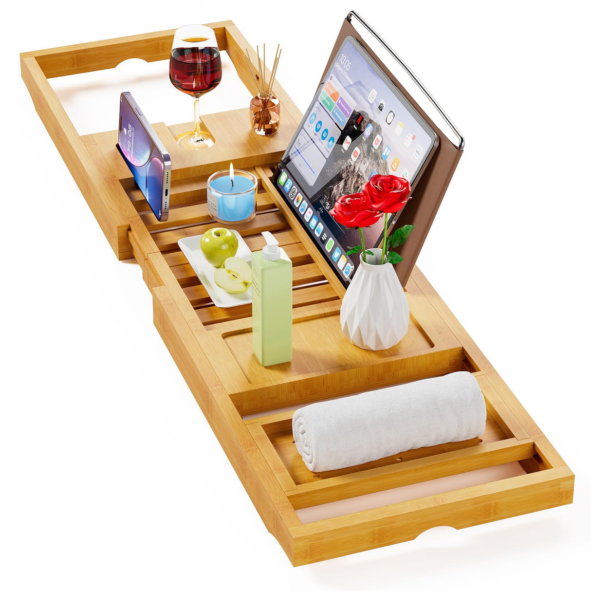 Yirilan Bamboo Bathtub Tray Caddy, Expandable Wooden Bathroom Tray, Luxury Bamboo Bathtub Tray, Bath Tub Table Caddy, Bamboo Yirilan