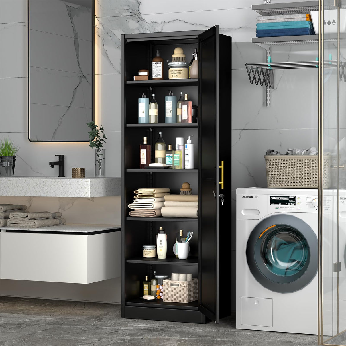 pozdeg 67" Metal Storage Cabinet with Lock, Tall Narrow Office File Cabinets with 5 Adjustable Shelves, Metal Steel Locker for Home, School, Office, Garage or Gym (Black) pozdeg