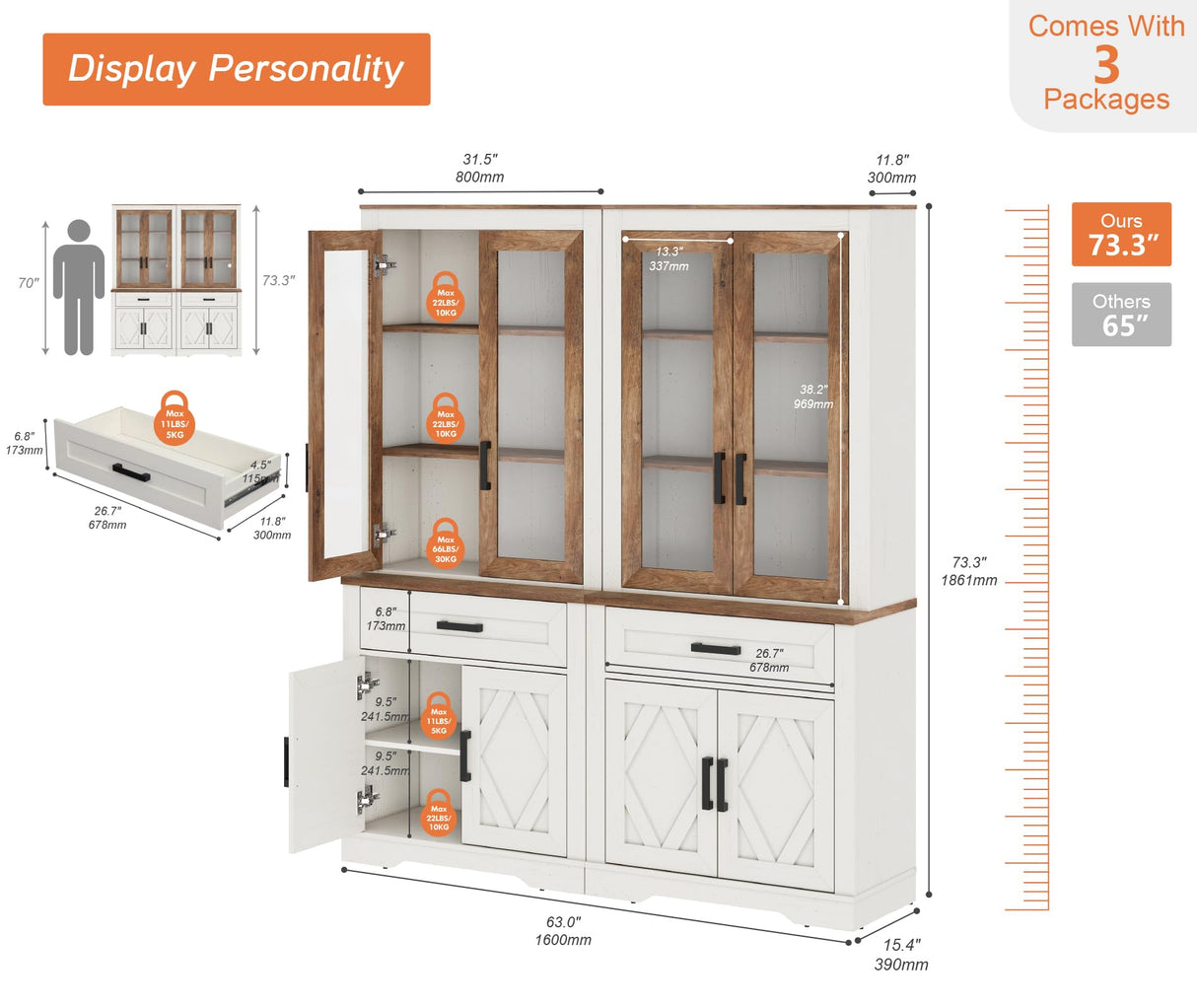WAMPAT 5-Tier Bookcase with Sturdy Plexiglass Doors,73.3" Tall Standing Bookshelves with Barn Door Cabinets,63" Wide Modern Farmhouse Display Cabinet with Adjustable Shelves for Home,Office,Oak WAMPAT