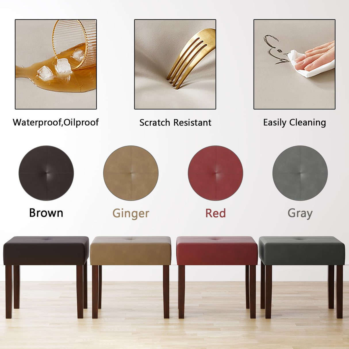 EOSVALO Leather Vanity Stool, 20 Inch Wide Rectangle Ottoman Bench for Makeup Room, Vanity Chair with Wood Legs for Piano Room, Bedroom,Living Room with Customizable (Cherry) EOSVALO