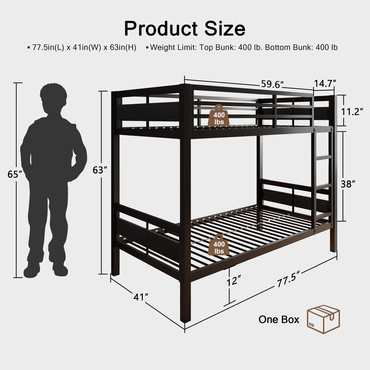 Einhomn Bunk Bed Twin Over Twin, Heavy Duty Metal Bed with Ladder and Full-Length Guardrail, Under-Bed Storage Space, No Box Spring Needed, Noise Free, Black Einhomn