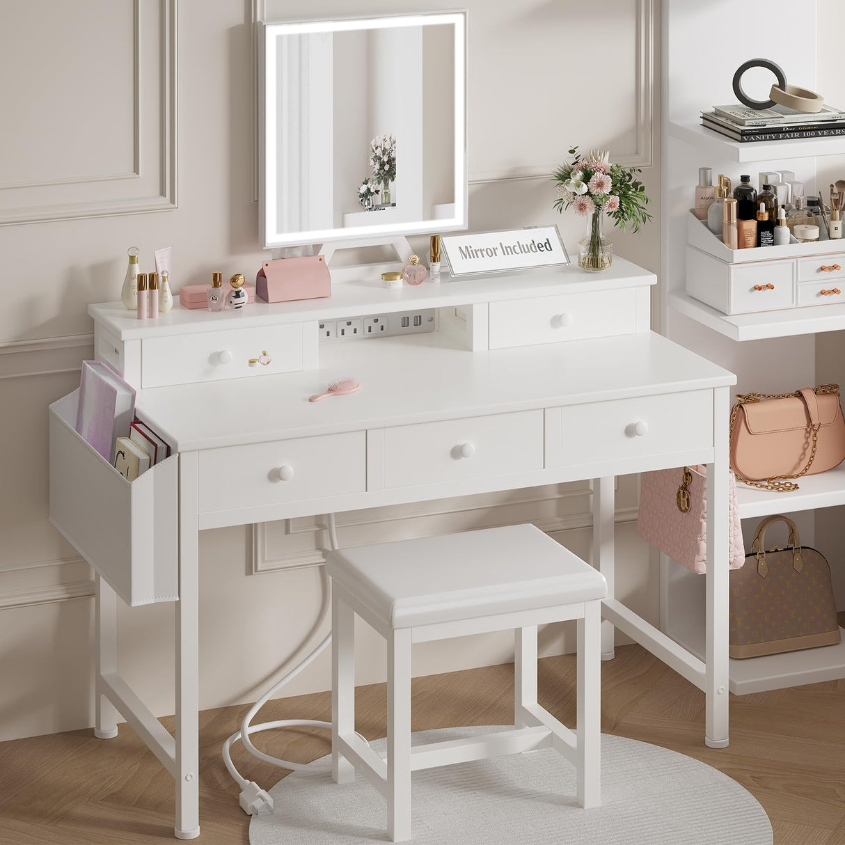 KAI-ROAD White Makeup Vanity Desk with Mirror and Lights, 40 inch Girls Vanity Set with Chair, Make Up Dresser Table with Drawers and Power Outlet for Bedroom Small Space KAI-ROAD