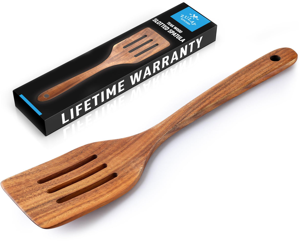 Zulay Kitchen Premium Slotted Spatula - Durable Teak Wooden Spatula For Cooking, Flat Wooden Spatula For Kitchen Use, Smooth Finish Natural Teak Spatula, Non-Stick Wooden Spatula Zulay Kitchen