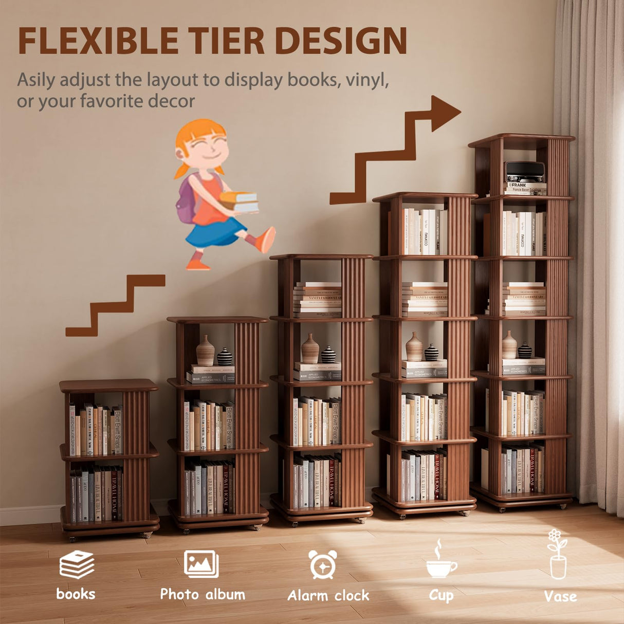 DONGMUWUJEE Solid Wood Rotating Bookshelf, 6-Tier Rolling Book Shelf,360 Degree Revolving Bookcase,Spinning Bookshelf Tower for Small Spaces, Corner, Bedroom,Office,Living Room,Classroom (Walnut) DONGMUWUJEE