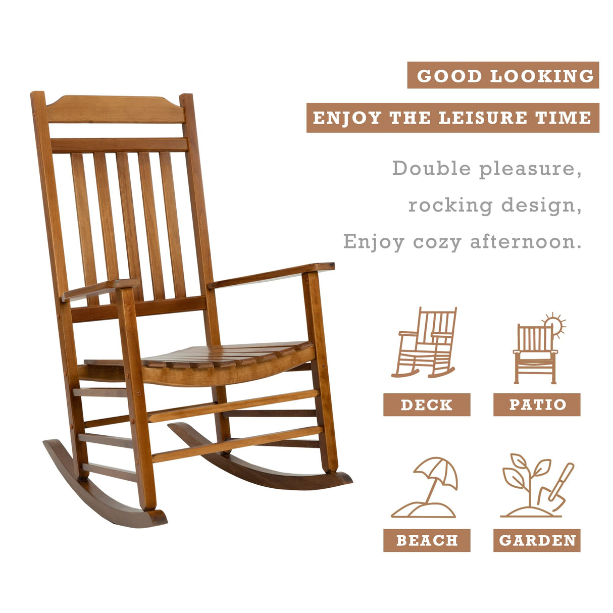 Kozyard High Back Slat Rocking Chair, Solid Wood Outdoor Rocking Chair for Front Porch Furniture, Porch Chairs for Indoor or Outdoor Use (Natural) Kozyard