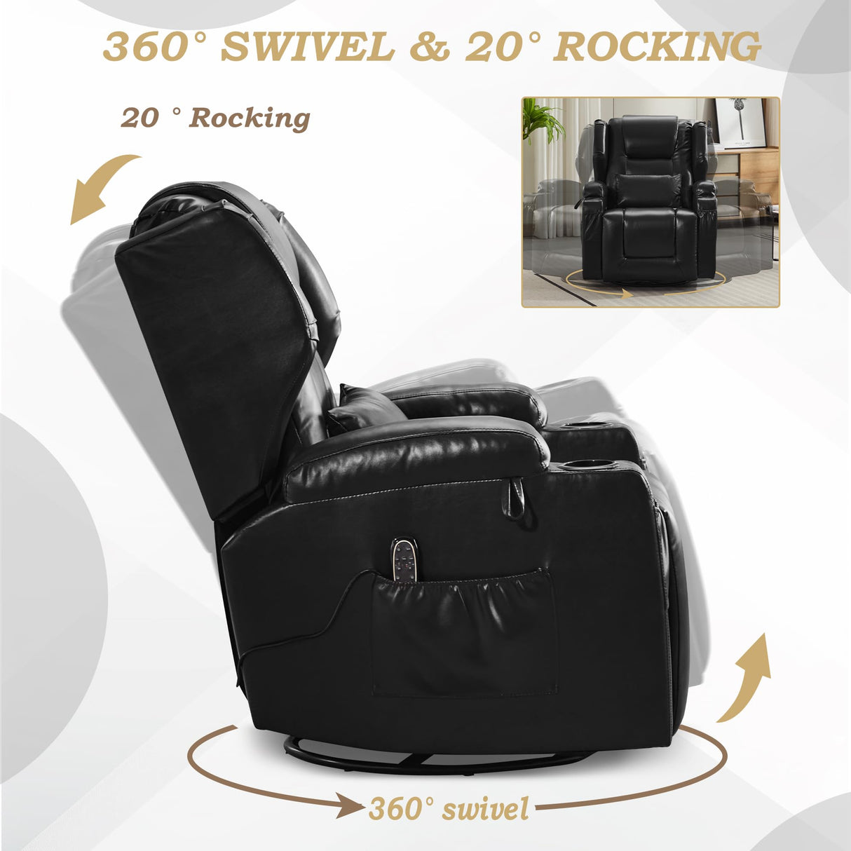 DRMBOOK Leather Rocker Recliner Chairs for Adults, 360° Swivel Rocking Theater Seating with Heat and Massage, Oversized Single Sofa with Led Lights for Living Room (Black,Single Chair) DRMBOOK