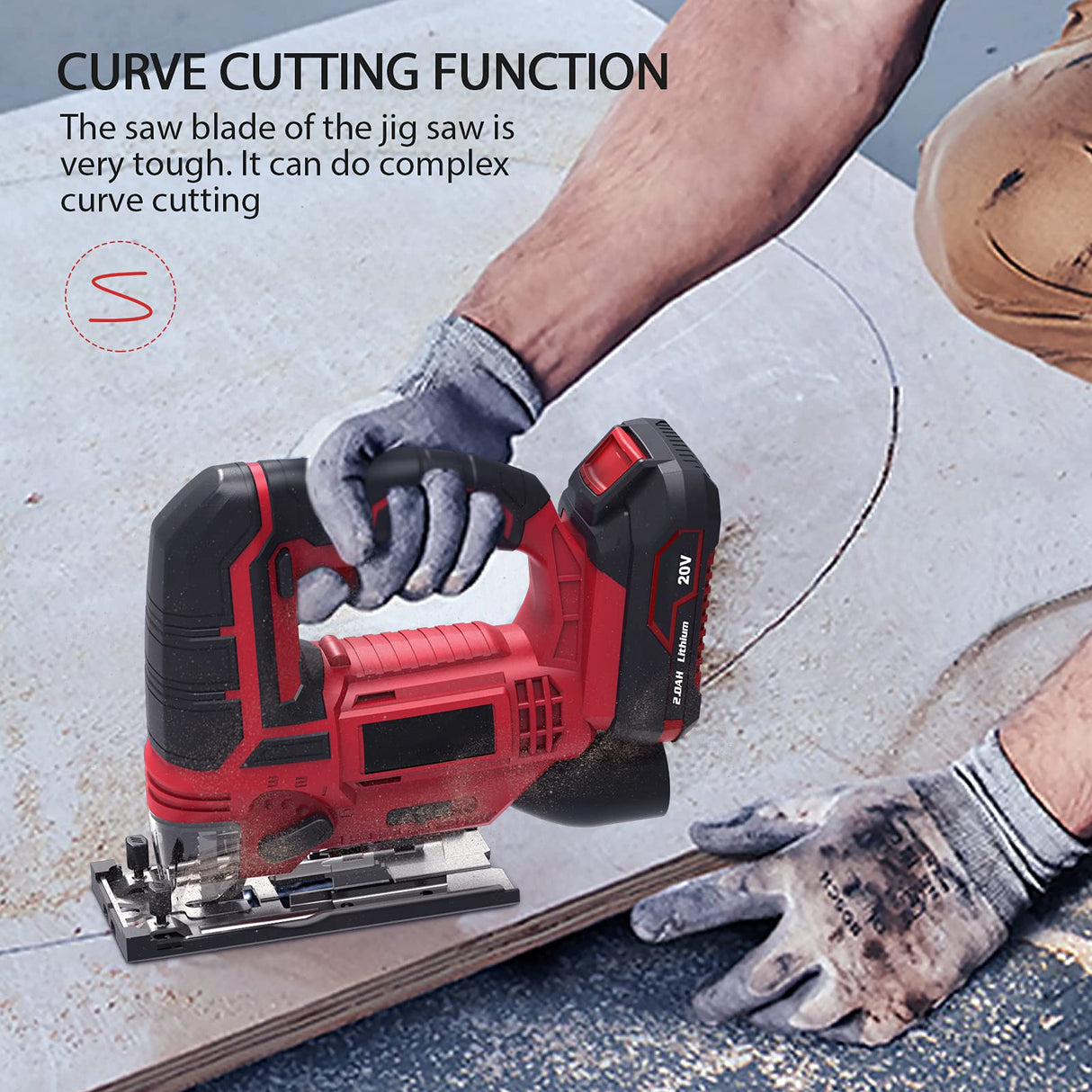 Irfora Jig Saw 20V Cordless Jigsaw for Woodworking with 4 Orbital Settings 2700 SPM 10-Piece T-Shank Blade Set 2.0 Ah Battery Fast Tool-Free Blade Clamp 45° Adjustment LED Light Parallel Saw Irfora